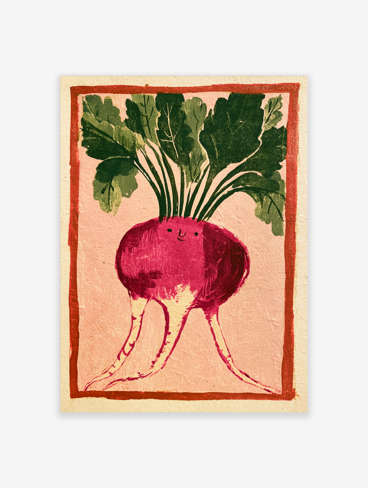 Pink beetroot character with smiling face, green leaves, and root legs on peach background art print