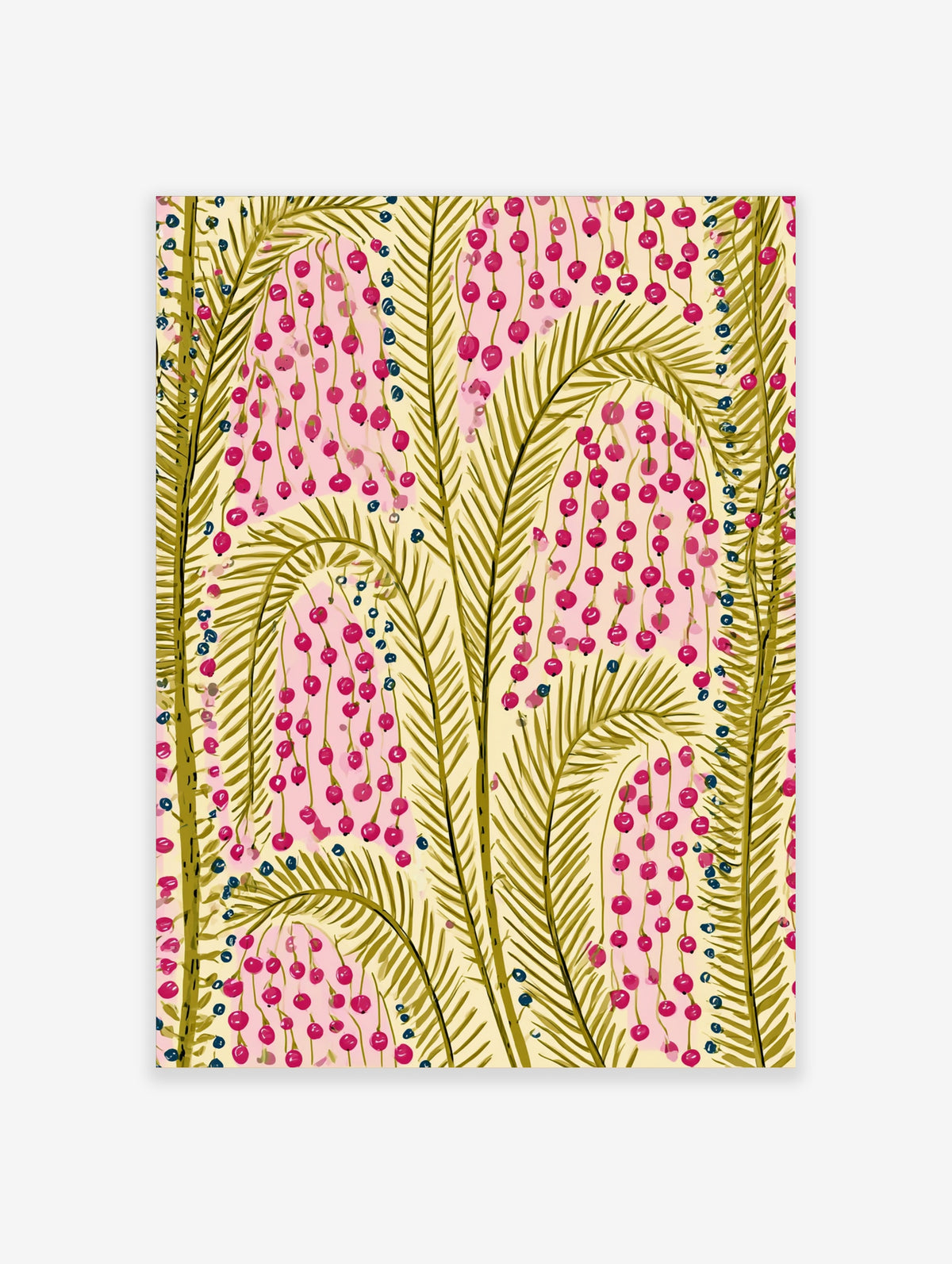 Pink berry botanical art print with olive fern leaves and cream background