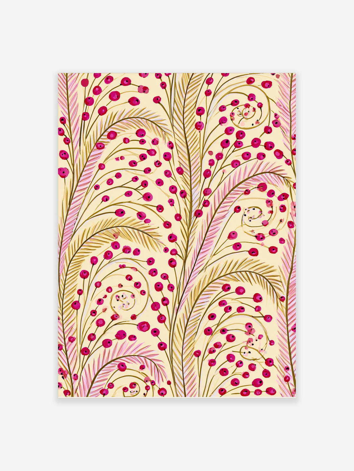 Pink berry botanical art print with gold feather fronds on cream background