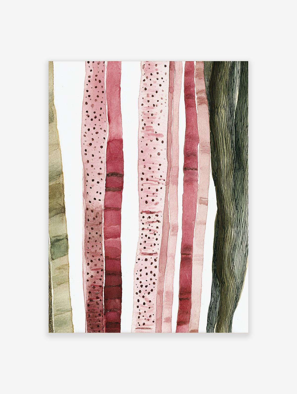 Pink birch tree watercolour art print with vertical trunks and dark speckled bark on white background