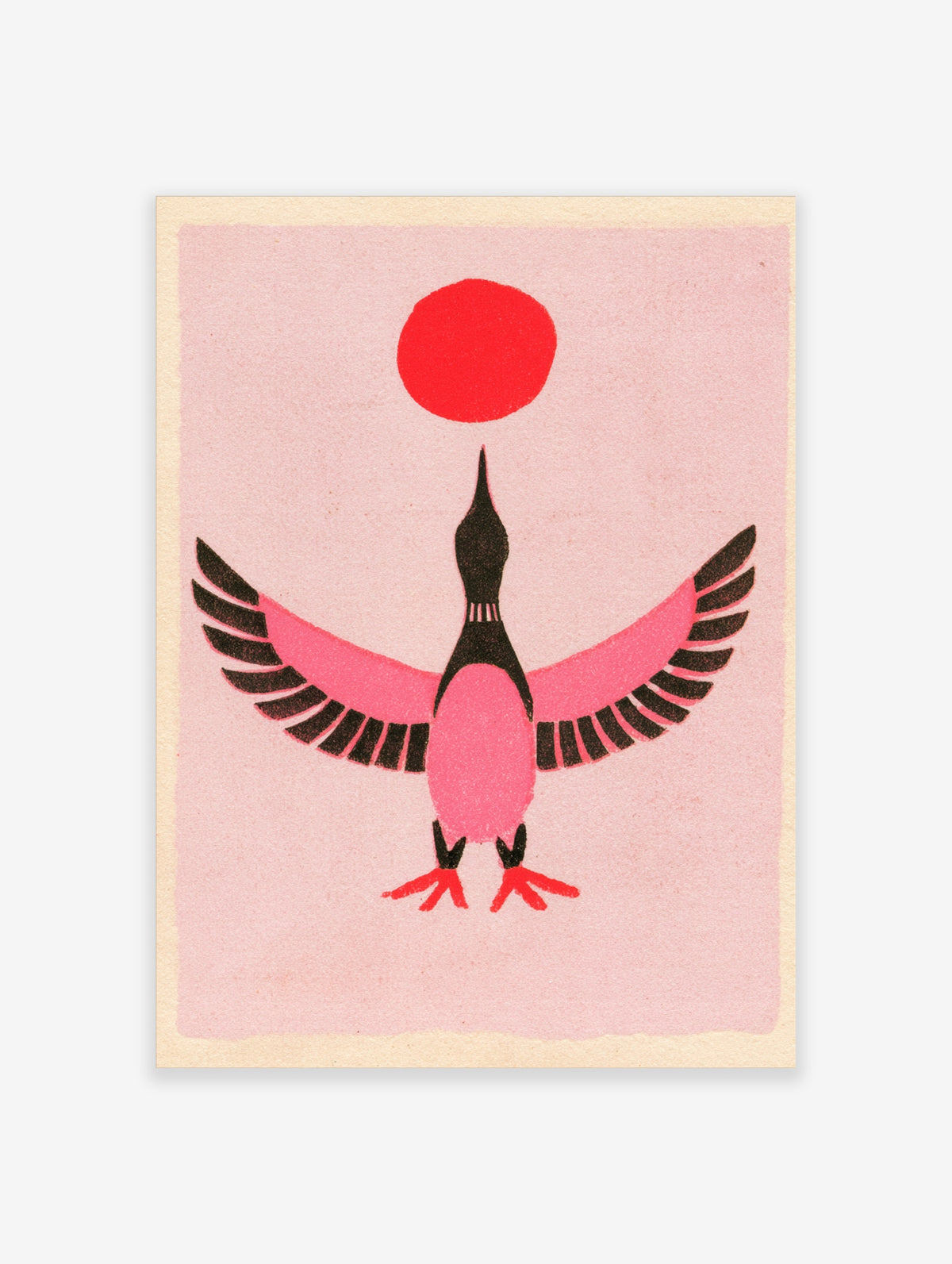 Pink bird art print with black wings and red sun on pink background