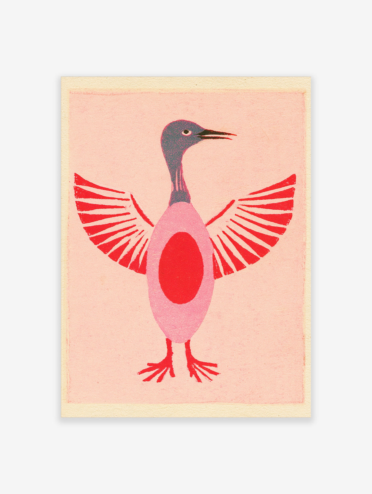 Pink bird art print with red oval body, striped wings, and blue-grey head on pink background