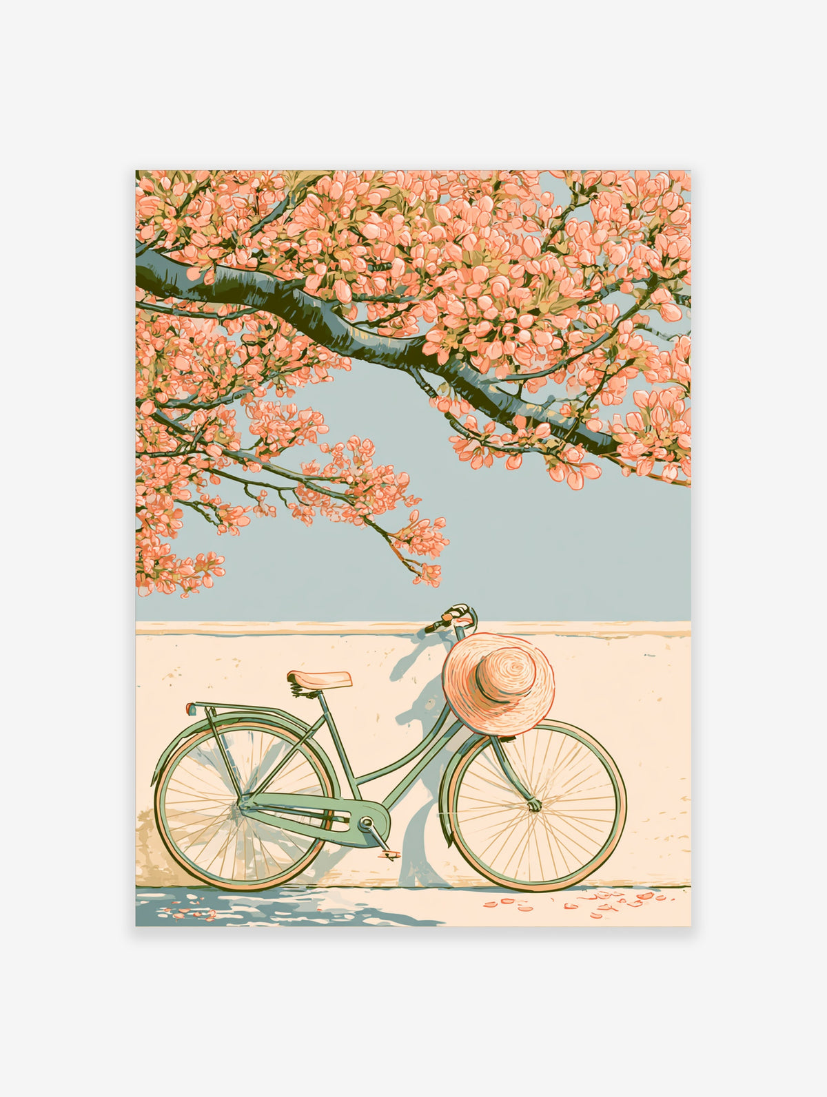 Pink blossom branch over a green bicycle with a straw hat against a cream wall, pastel floral art print