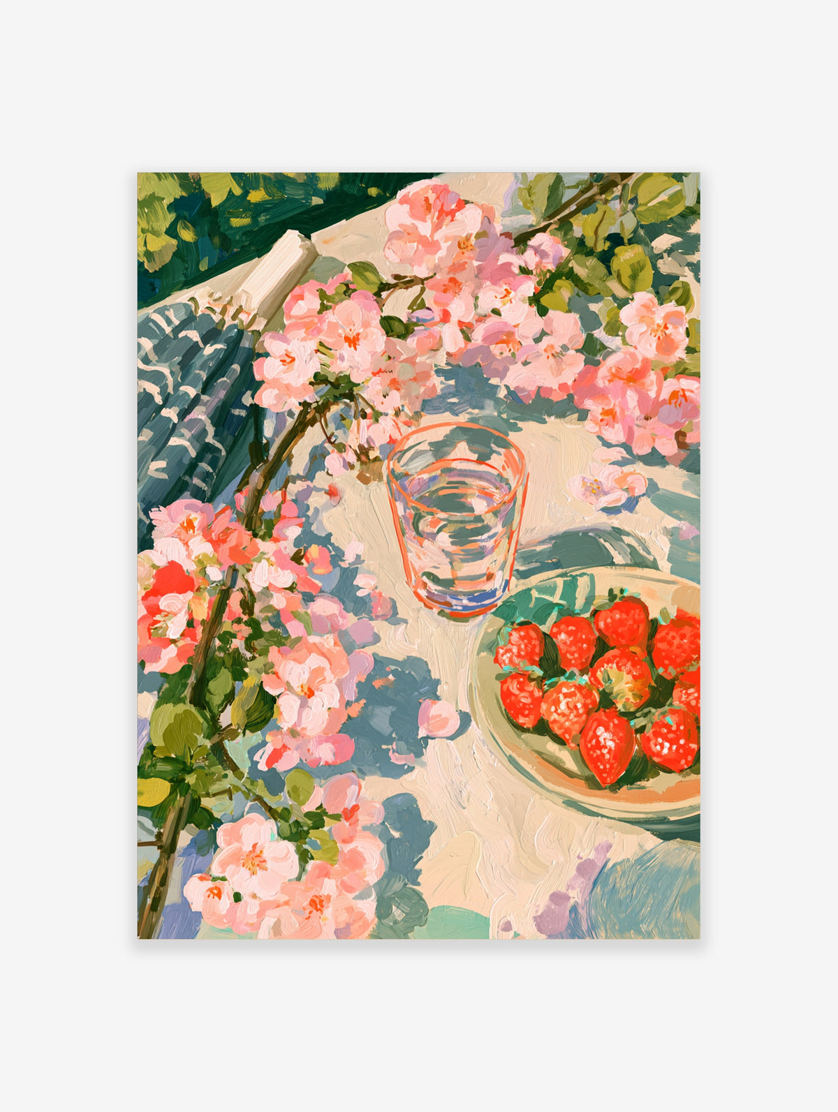 Pink blossom and strawberry still life art print with glass of water on sunlit table