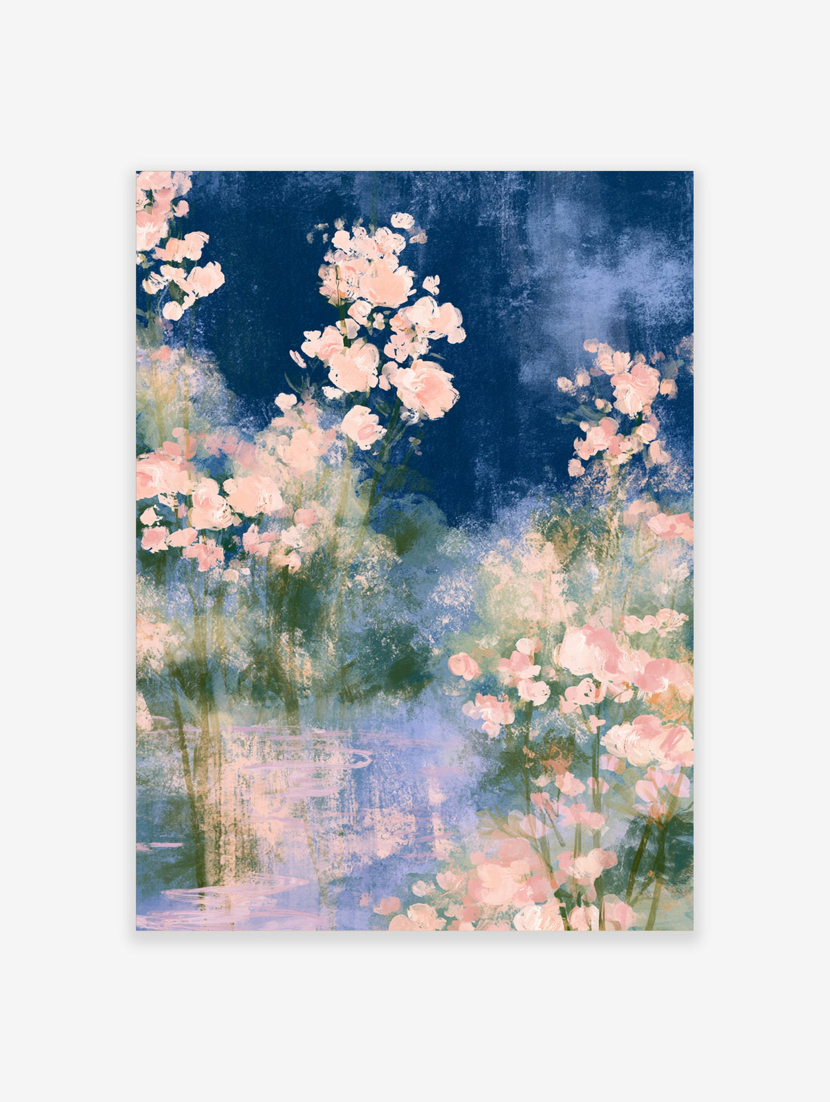 Pink blossom branches on deep blue background, floral tree art print