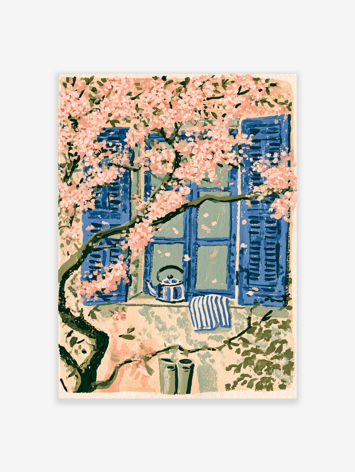 Pink blossom branch over blue shutters and green window with teapot on sill