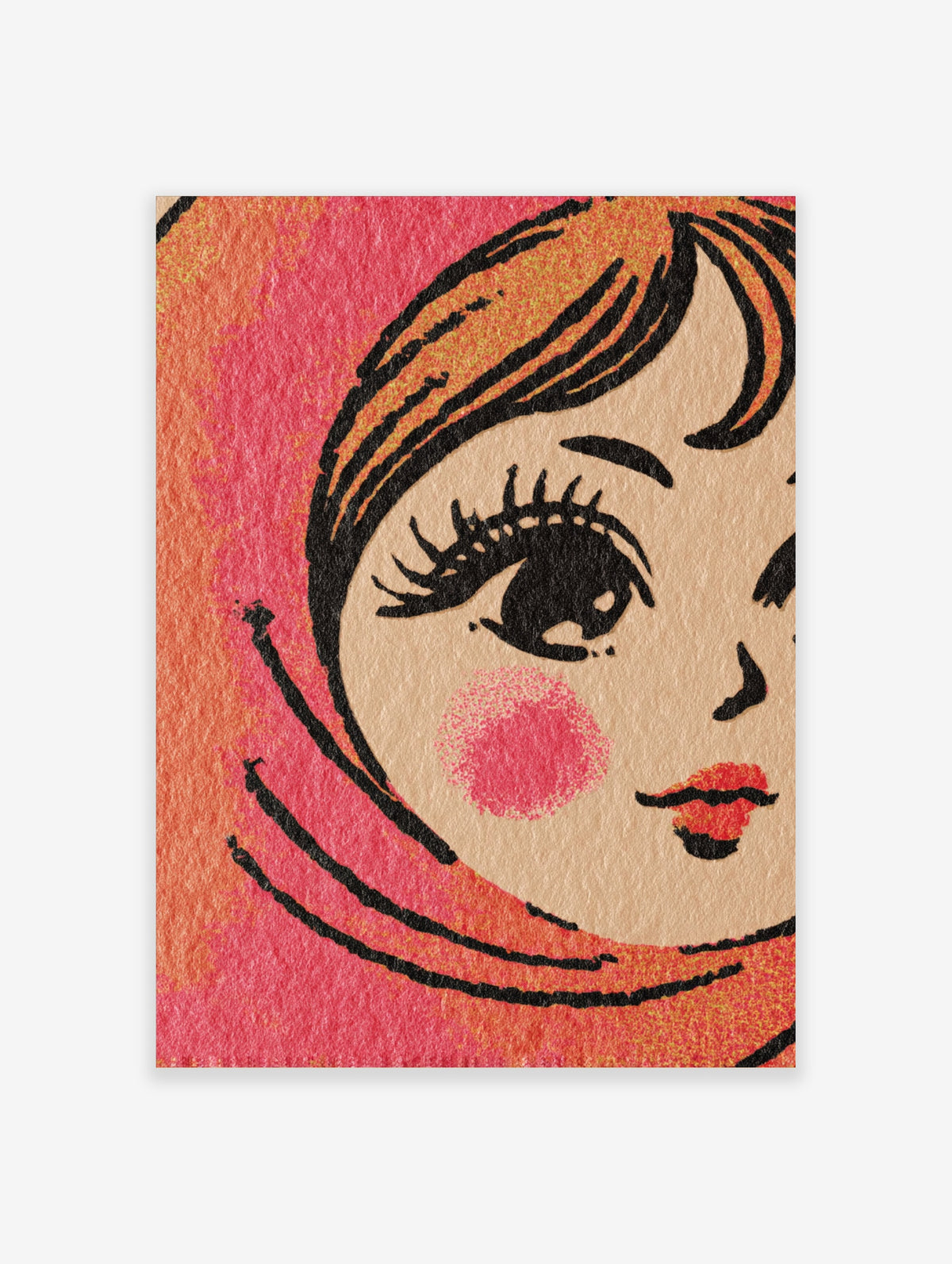 Illustrated close-up of a woman's face with closed eye, long lashes, pink blush, red lips, on textured pink and orange