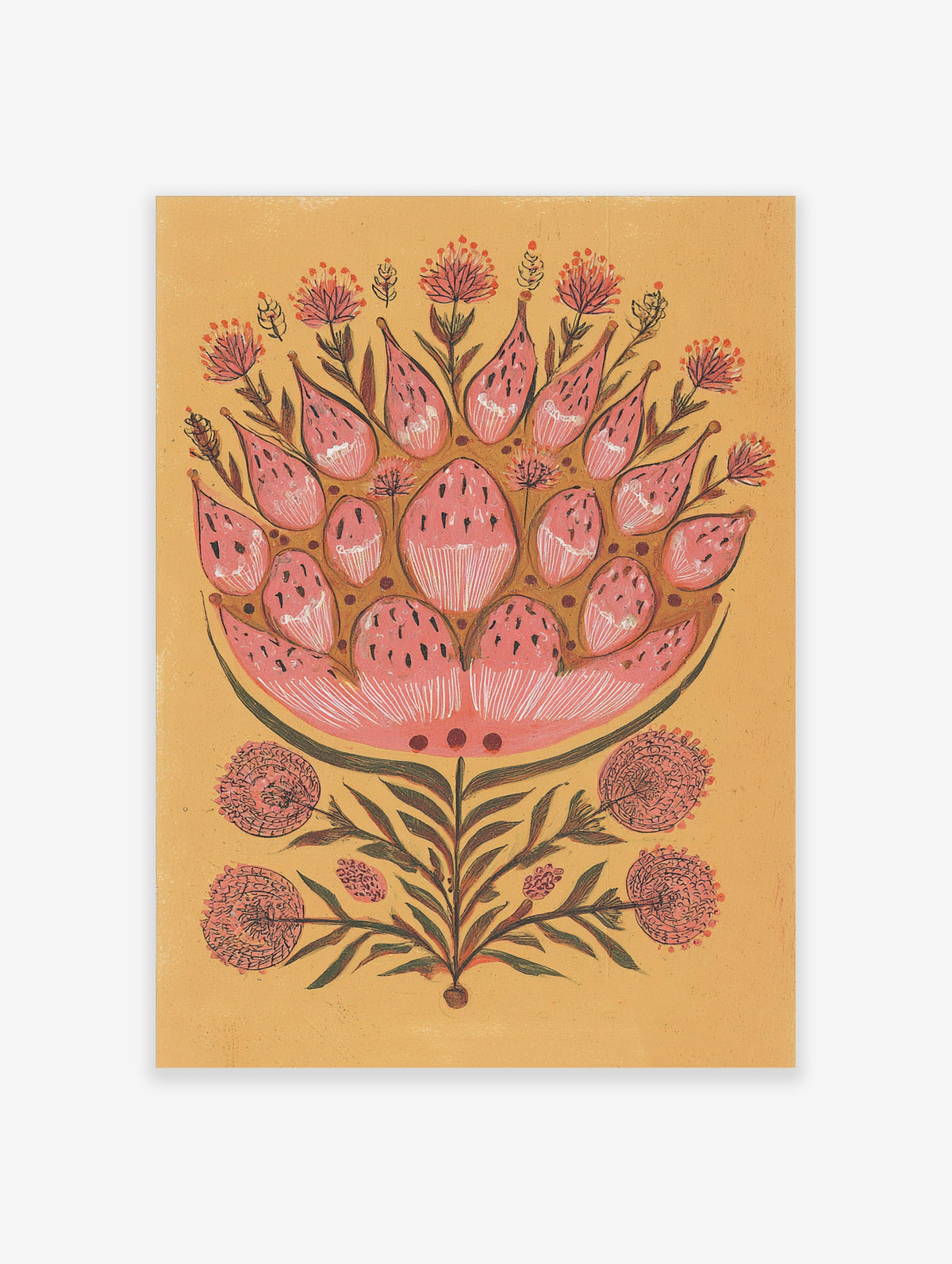Pink folk art flower poster with stylised blooms and green leaves on ochre background