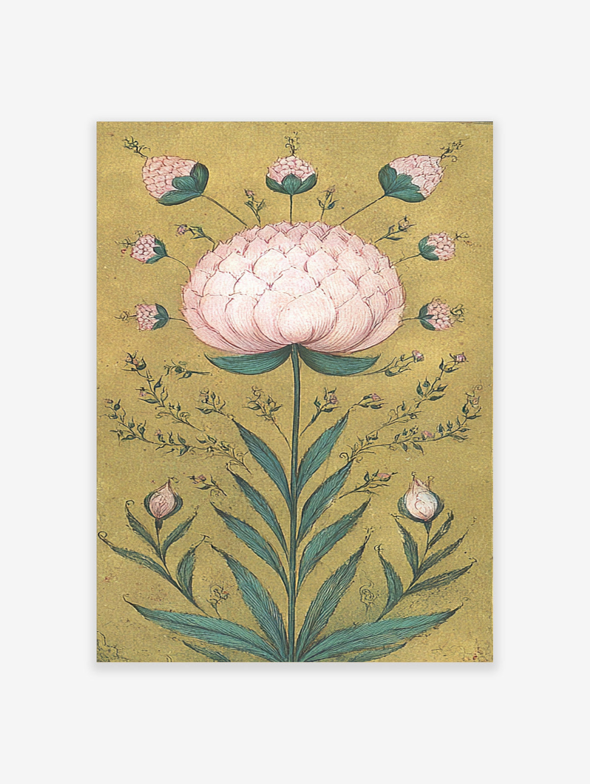 Pink botanical flower poster with teal leaves and gold background