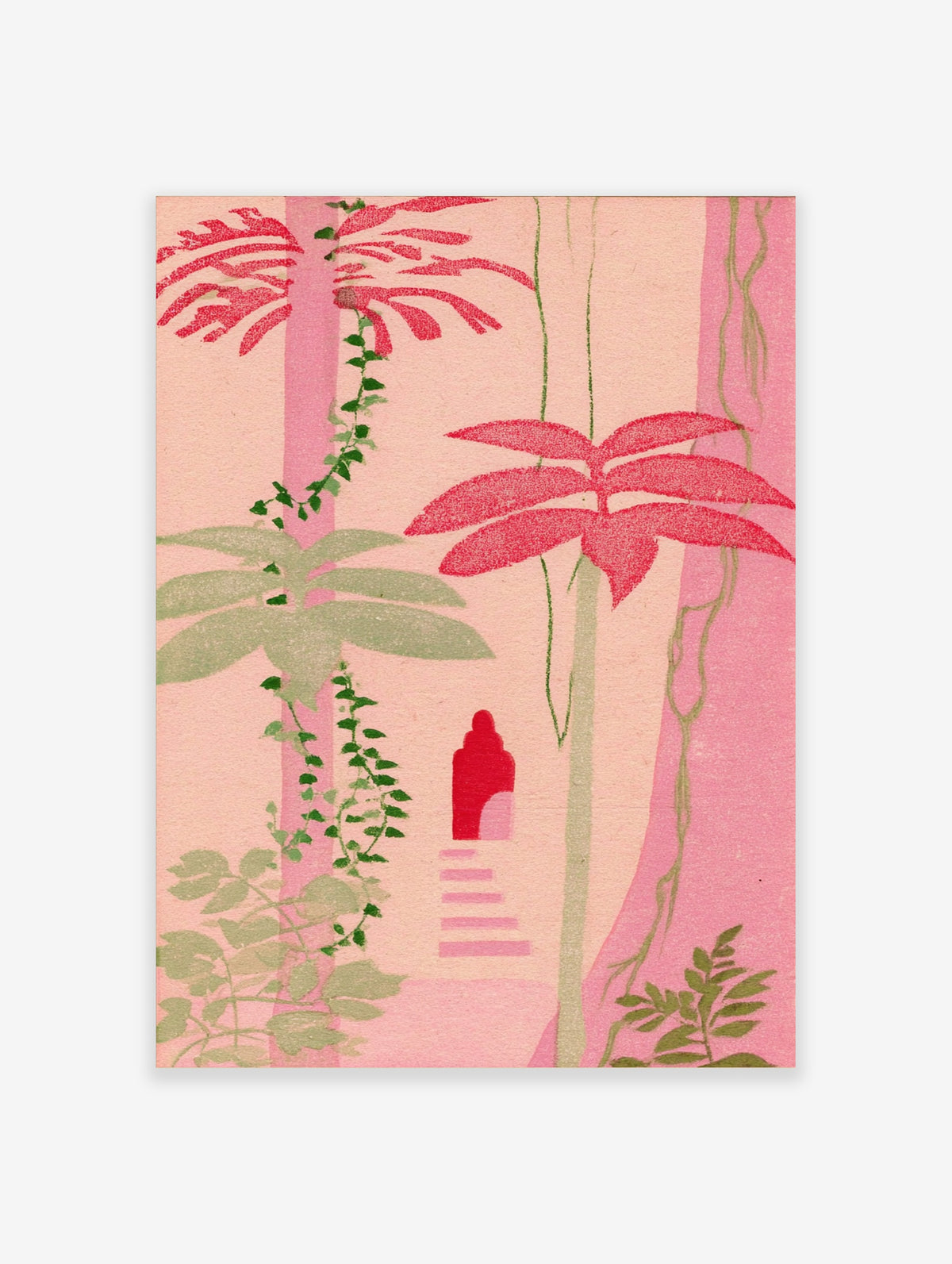 Pink botanical jungle art print with green tropical leaves, vines, and a red figure