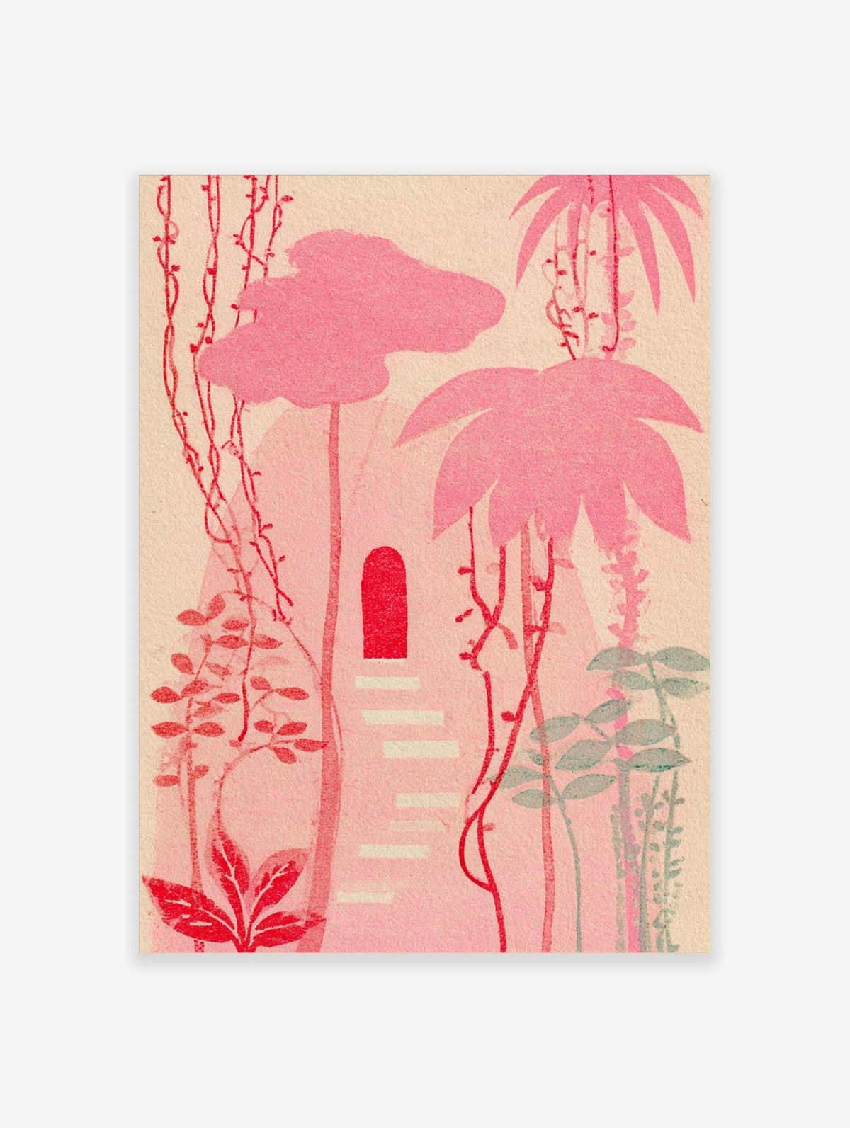 Pink botanical jungle art print with palm leaves, vines, and a red archway on a pale background
