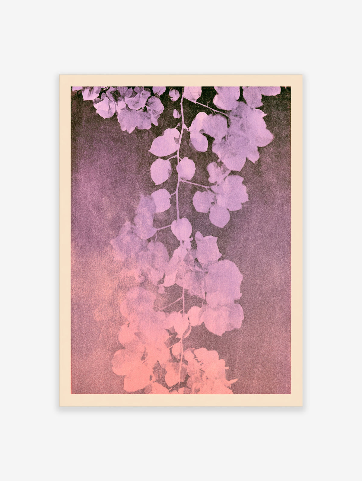Pink botanical wall art print of hanging leaves on a mottled mauve background, portrait orientation