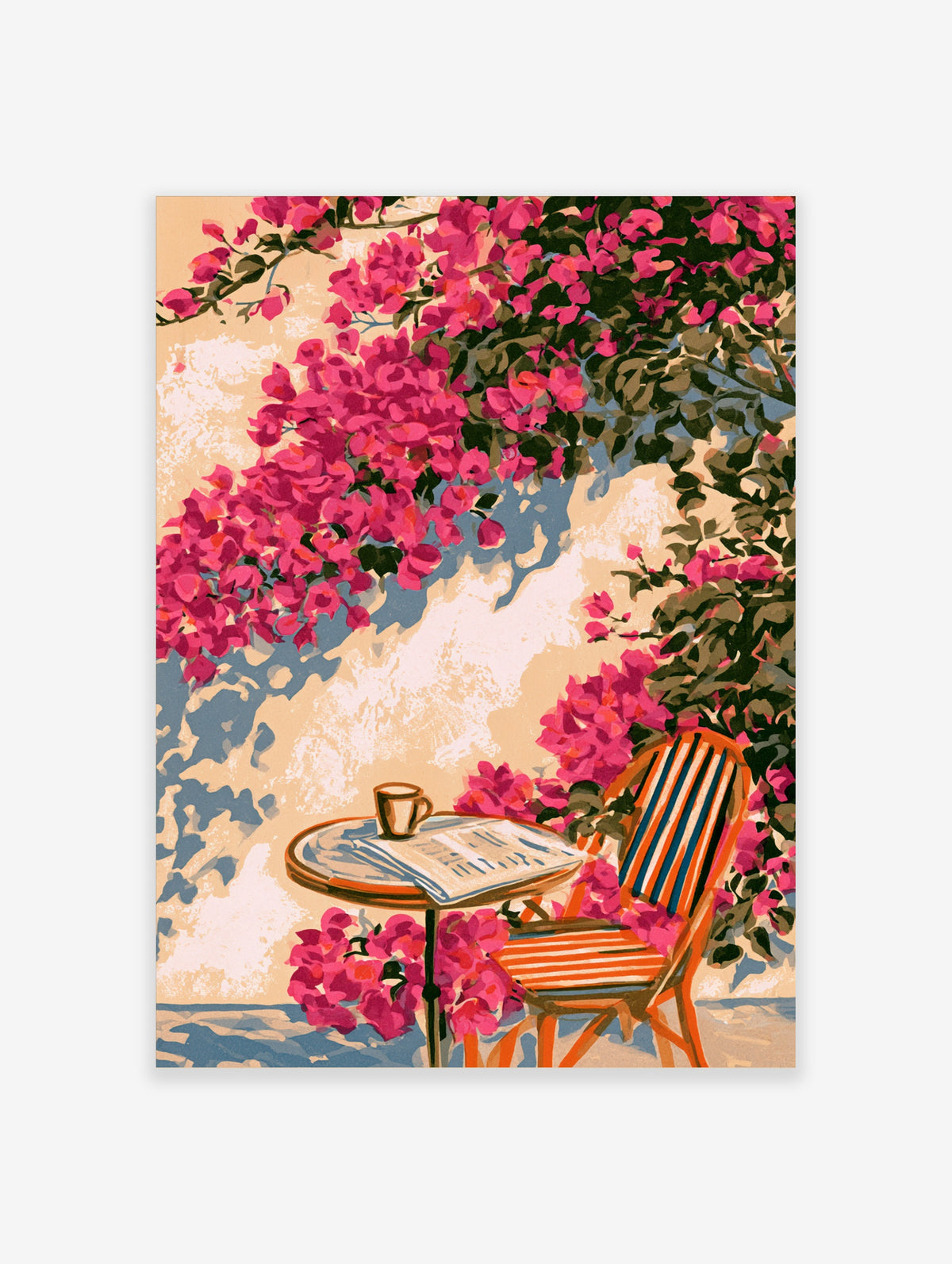 Pink bougainvillea cafe table poster with coffee cup, newspaper and striped chair on sunlit wall