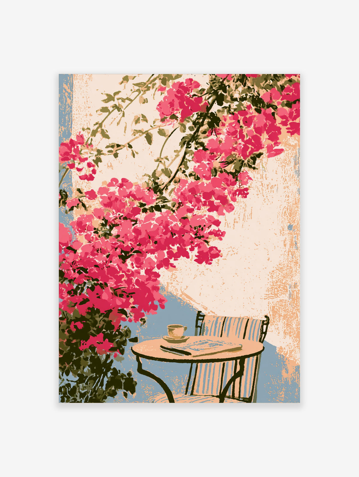 Pink bougainvillea over a cafe table with striped chair and coffee cup, floral art print