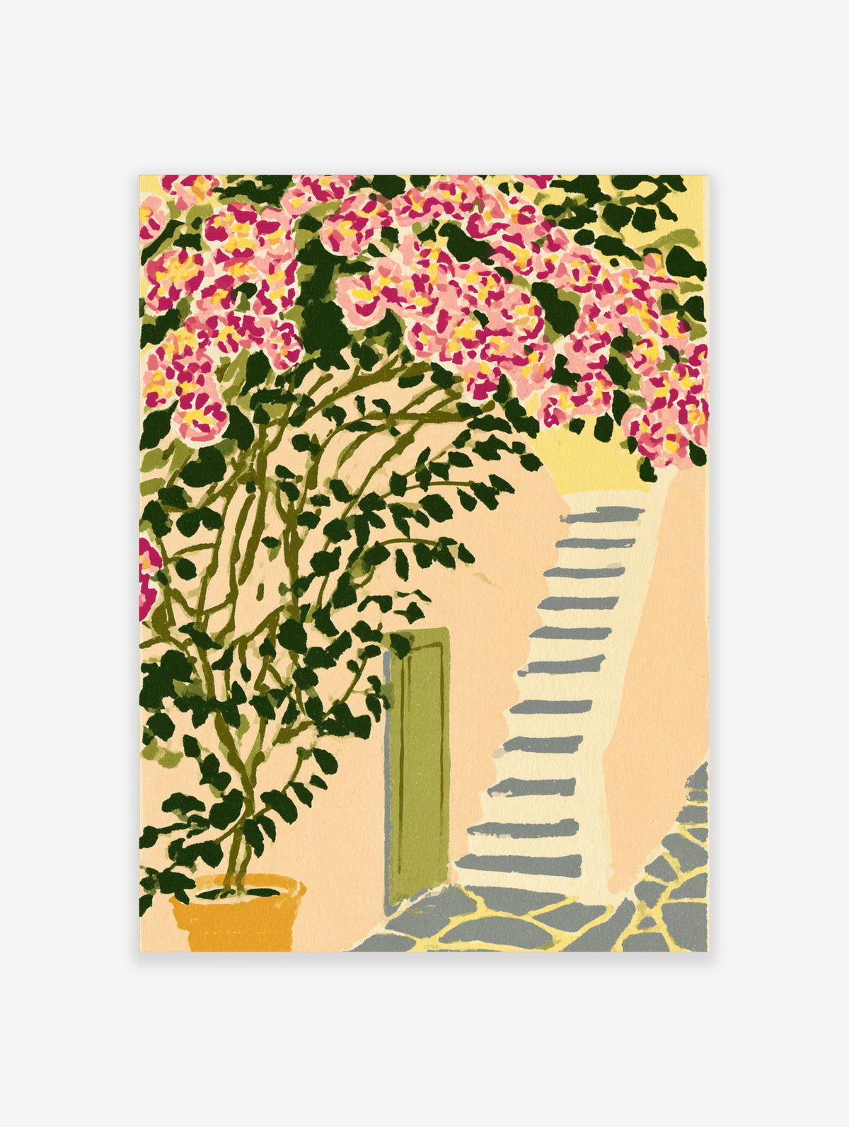 Pink bougainvillea in a yellow pot against a peach wall with grey steps, flower art print