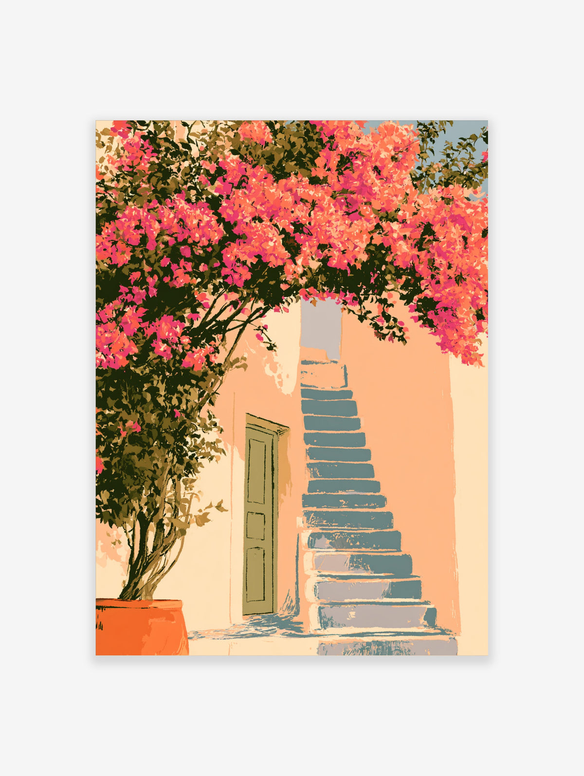 Pink bougainvillea tree over peach wall with blue staircase and green door poster