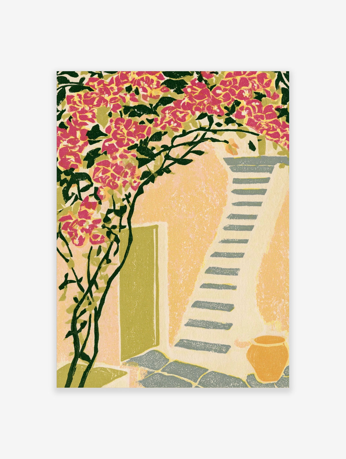 Pink bougainvillea poster with green door and grey steps on yellow wall