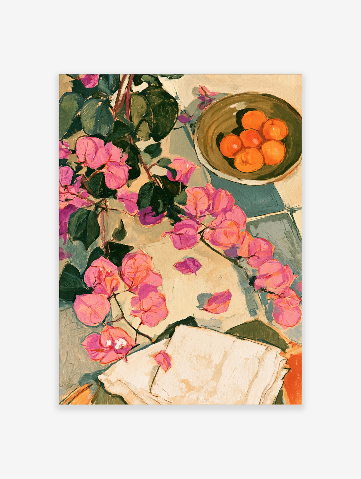 Pink bougainvillea branch and bowl of orange fruit on a tiled surface, colourful botanical art print