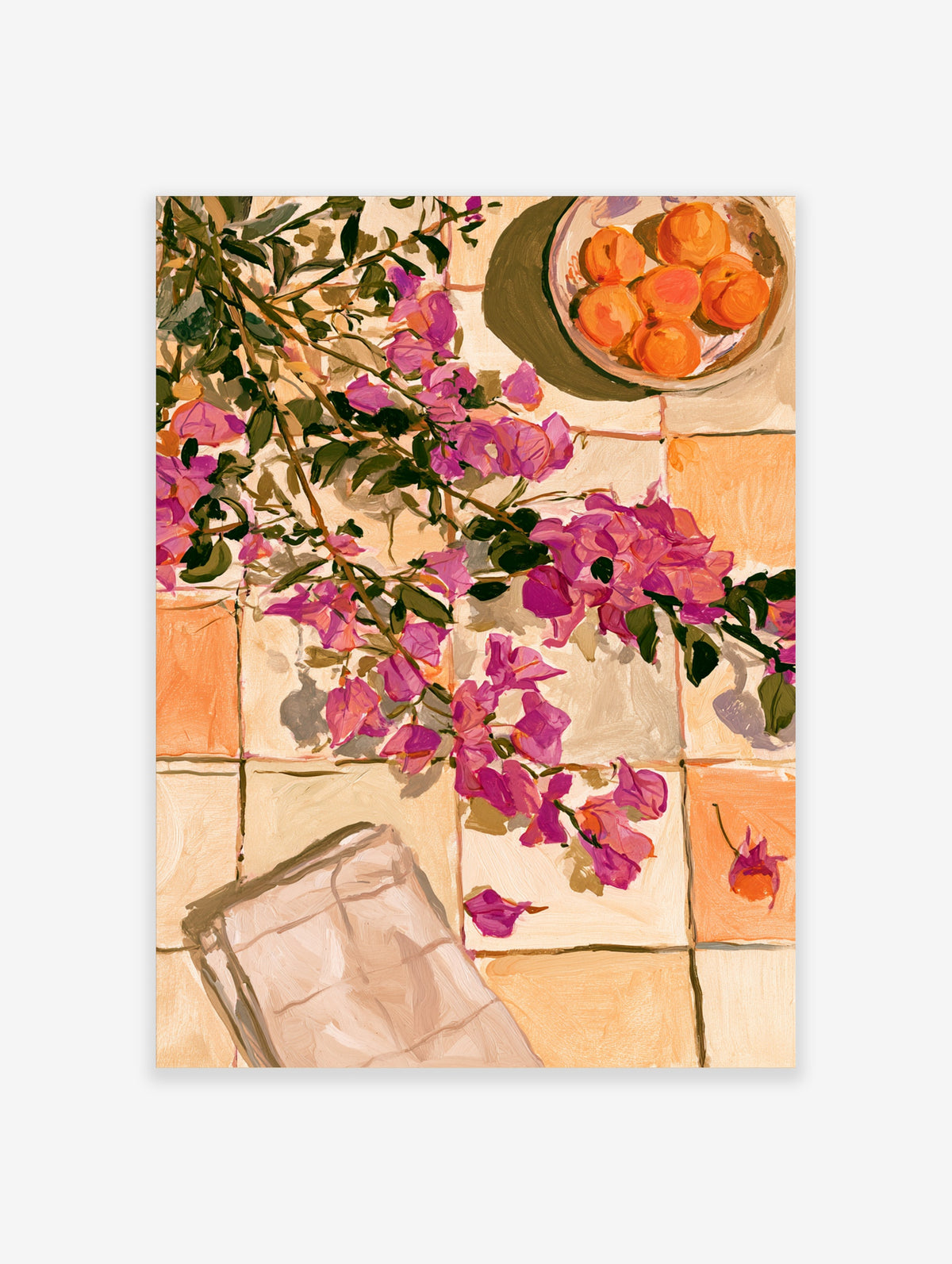 Pink bougainvillea branches over tiled floor with bowl of oranges, Mediterranean wall art print