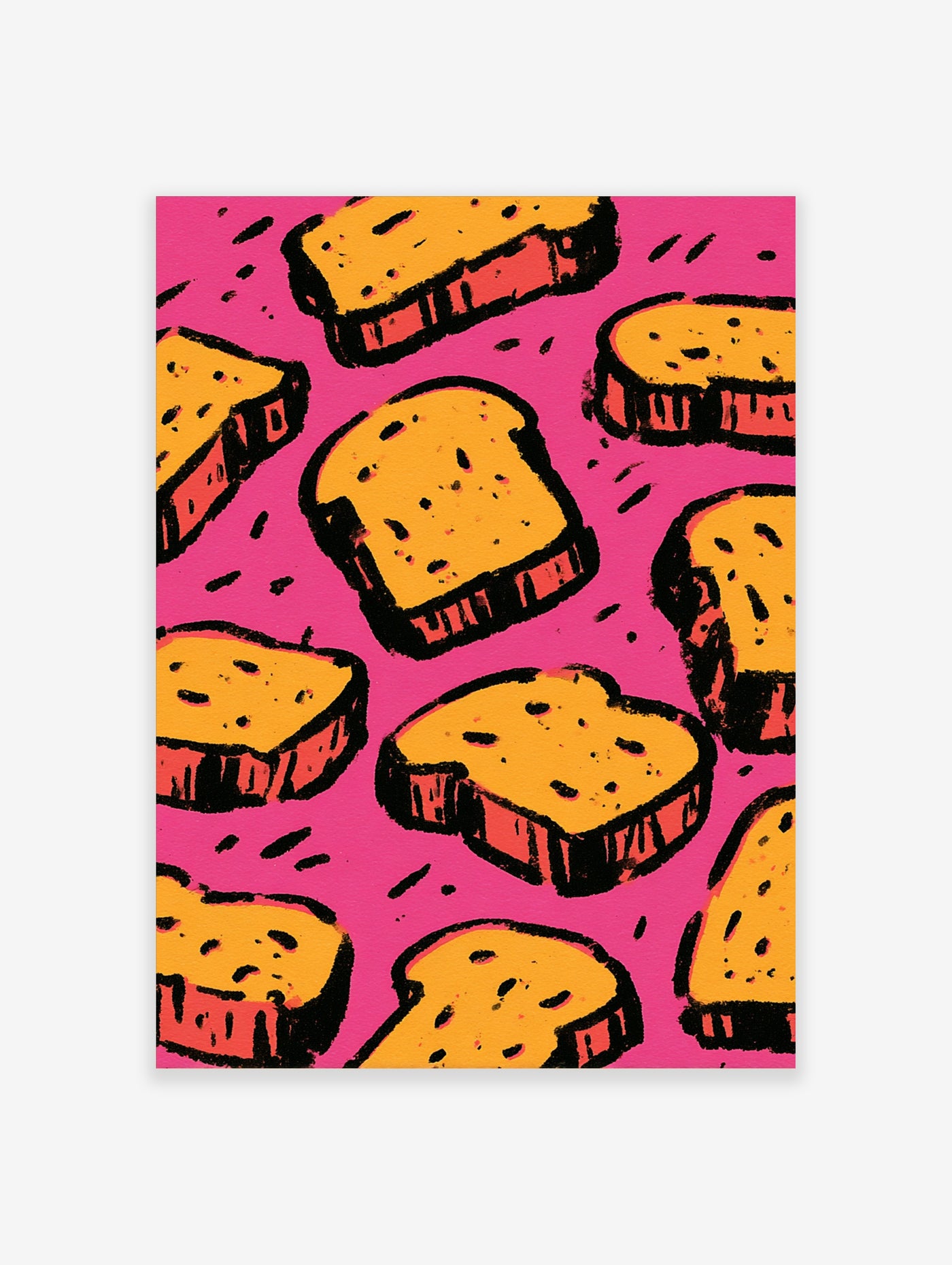 Yellow bread slices with black outlines on hot pink background, retro pop-art pattern
