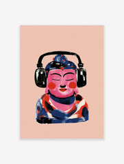 Illustrative print of a pink Buddha figure wearing black headphones against a light pink background