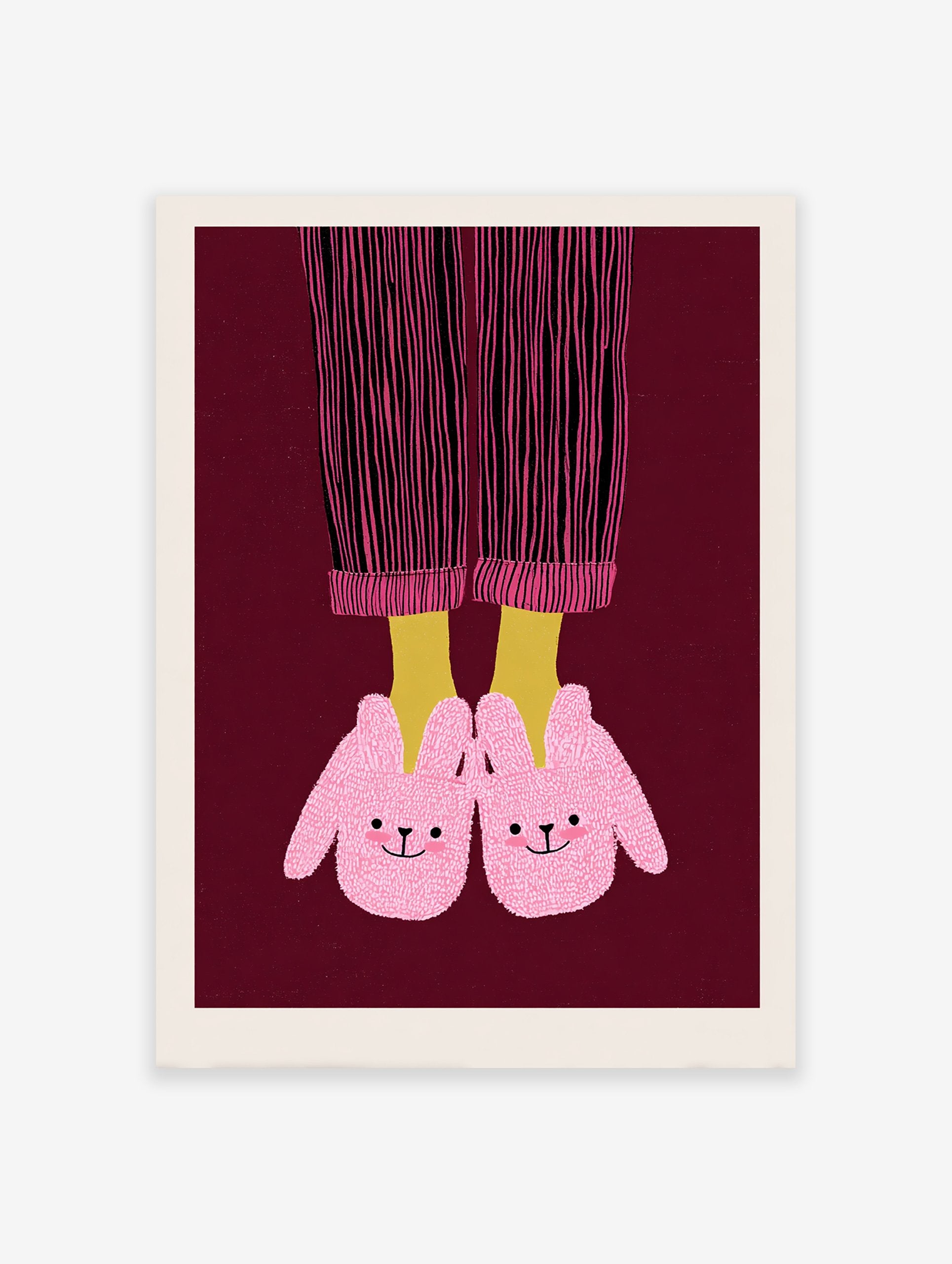 Illustration of feet in pink bunny slippers and striped pajamas on a dark red background, whimsical wall art print.