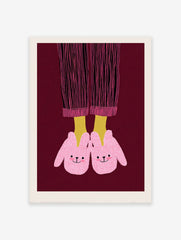 Illustration of feet in pink bunny slippers and striped pajamas on a dark red background, whimsical wall art print.