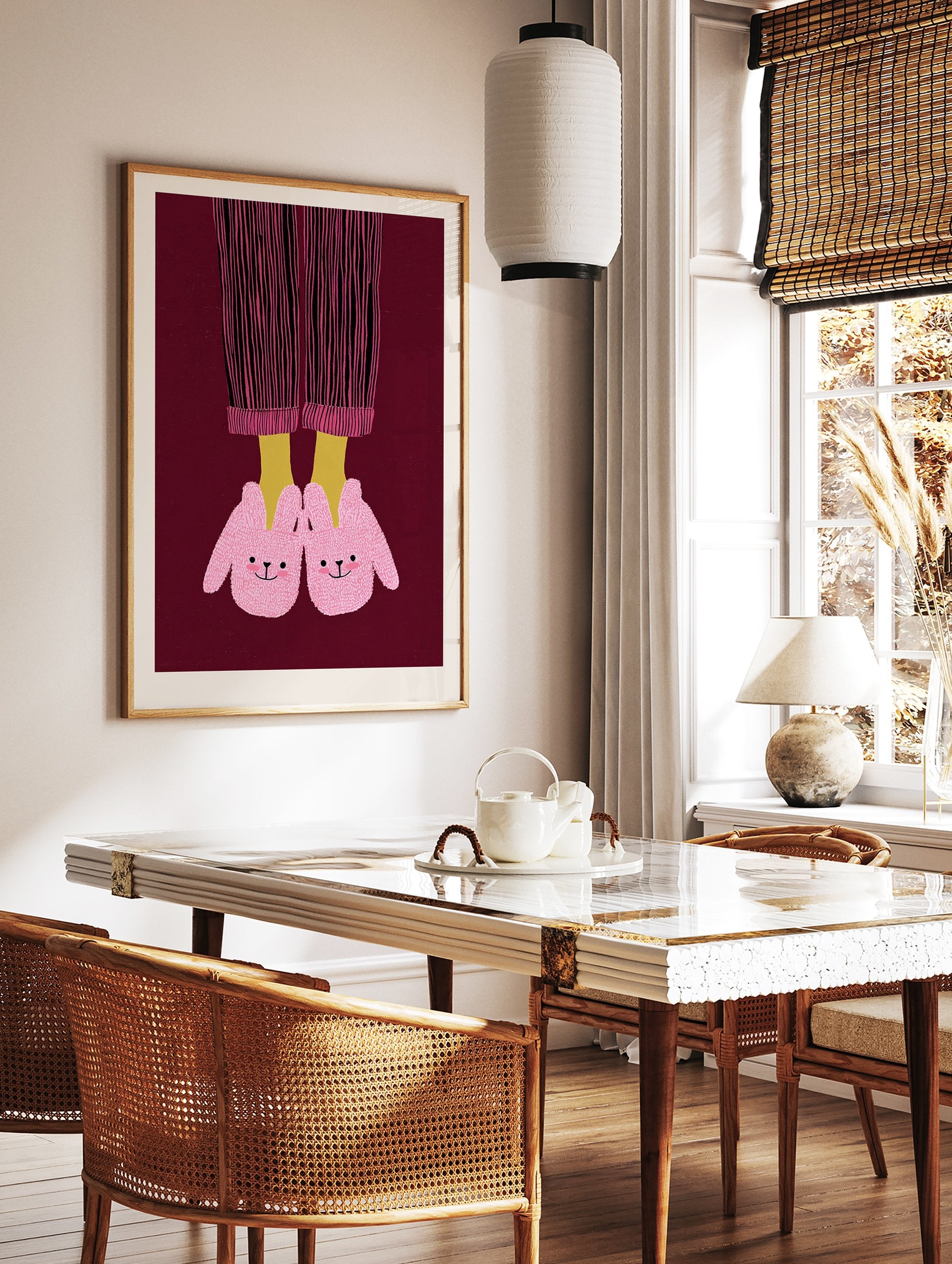 Illustration of feet in pink bunny slippers and striped pajamas on a dark red background, whimsical wall art print. - Image 2