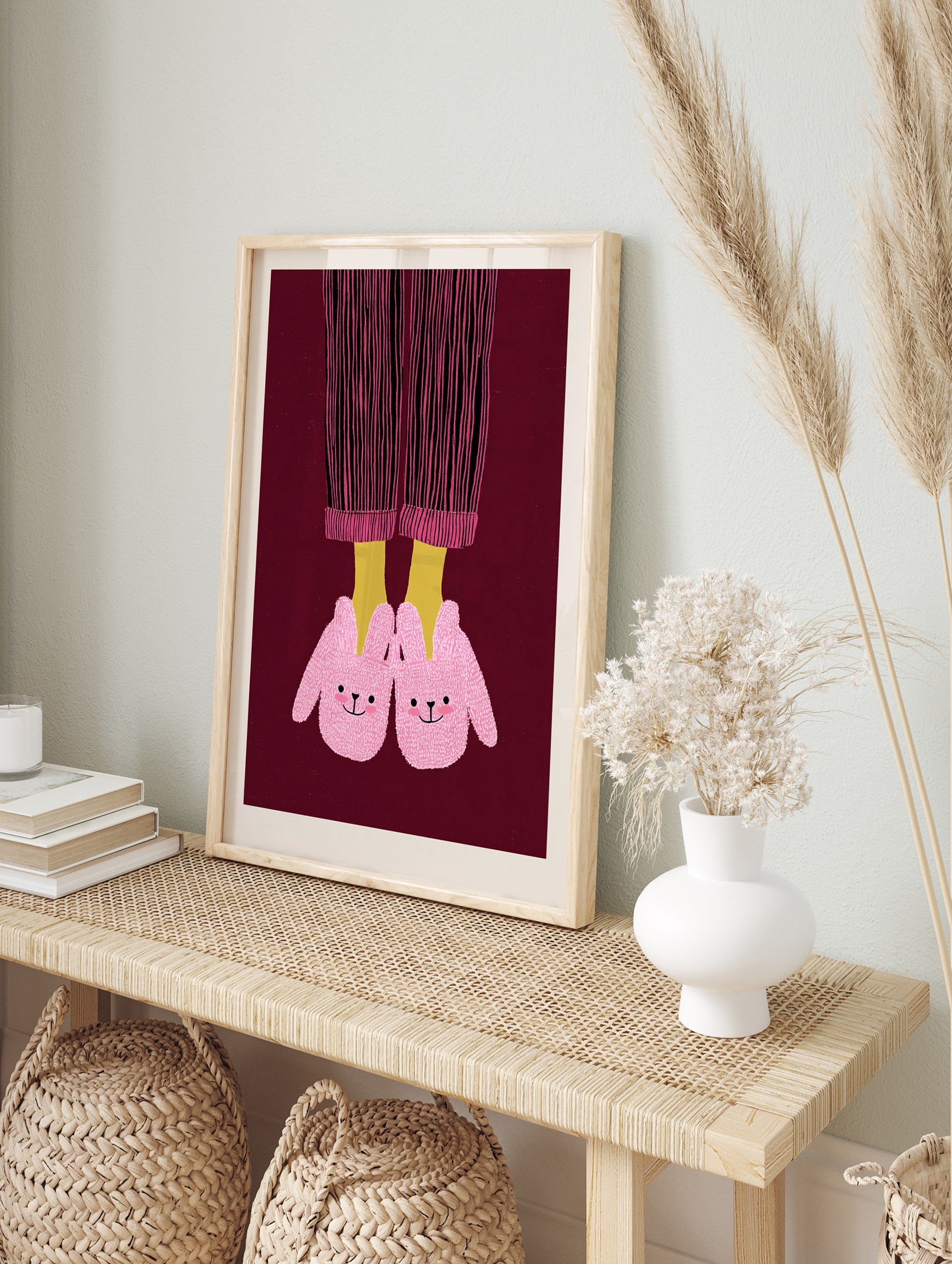 Illustration of feet in pink bunny slippers and striped pajamas on a dark red background, whimsical wall art print. - Image 3