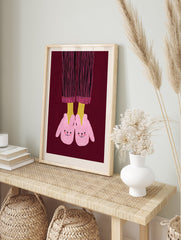 Illustration of feet in pink bunny slippers and striped pajamas on a dark red background, whimsical wall art print. - Image 3