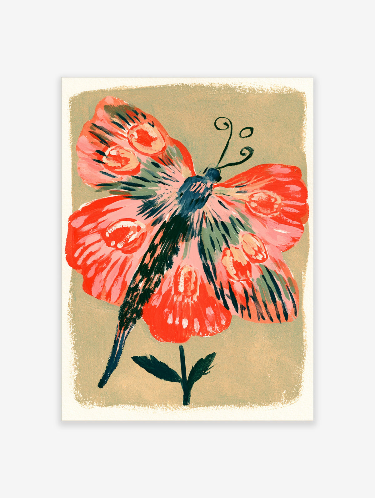 Pink and red butterfly flower art print with dark blue brushstrokes on beige background