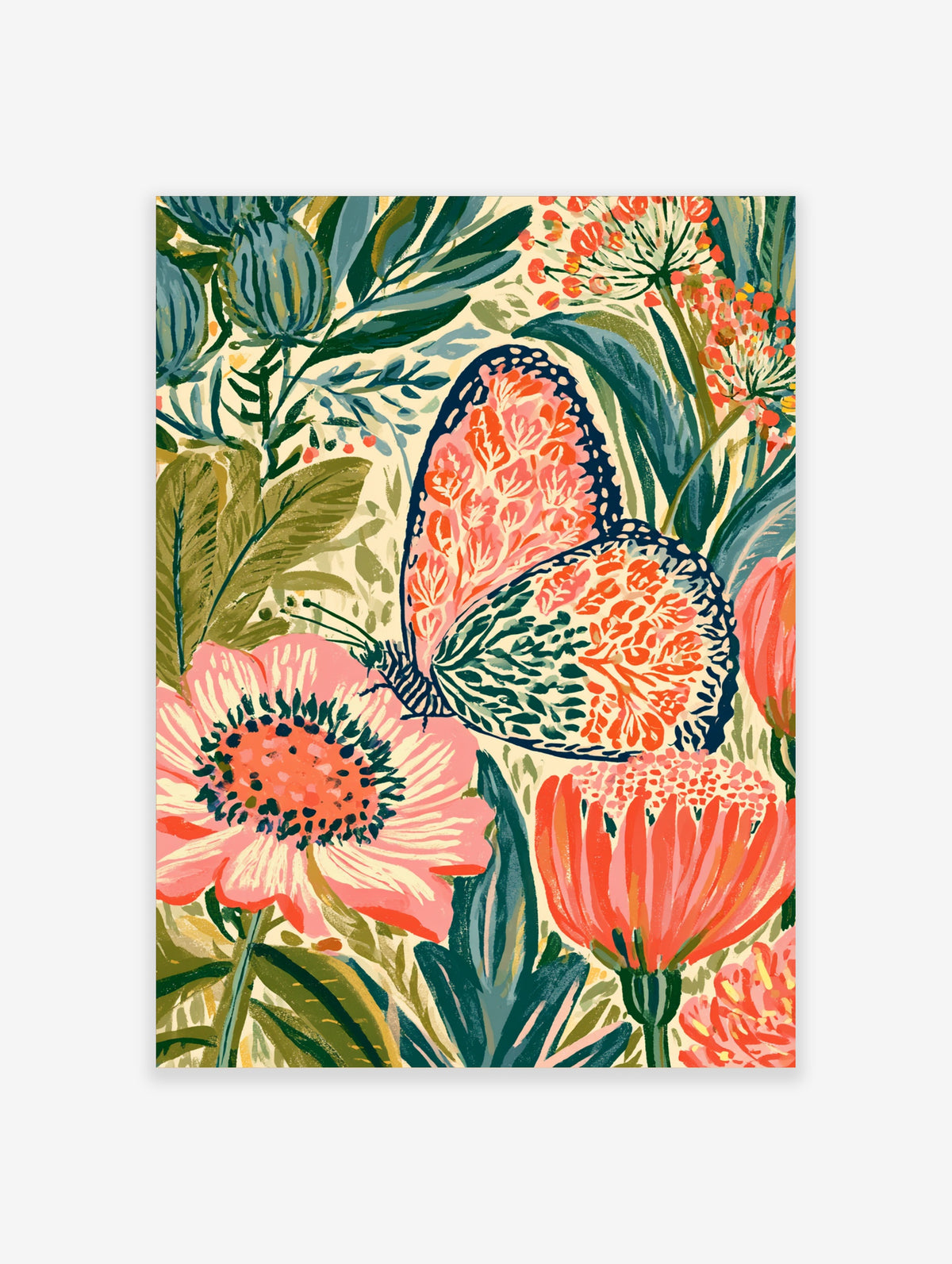 Pink and orange butterfly on pink flower with green leaves, colourful botanical illustration art print