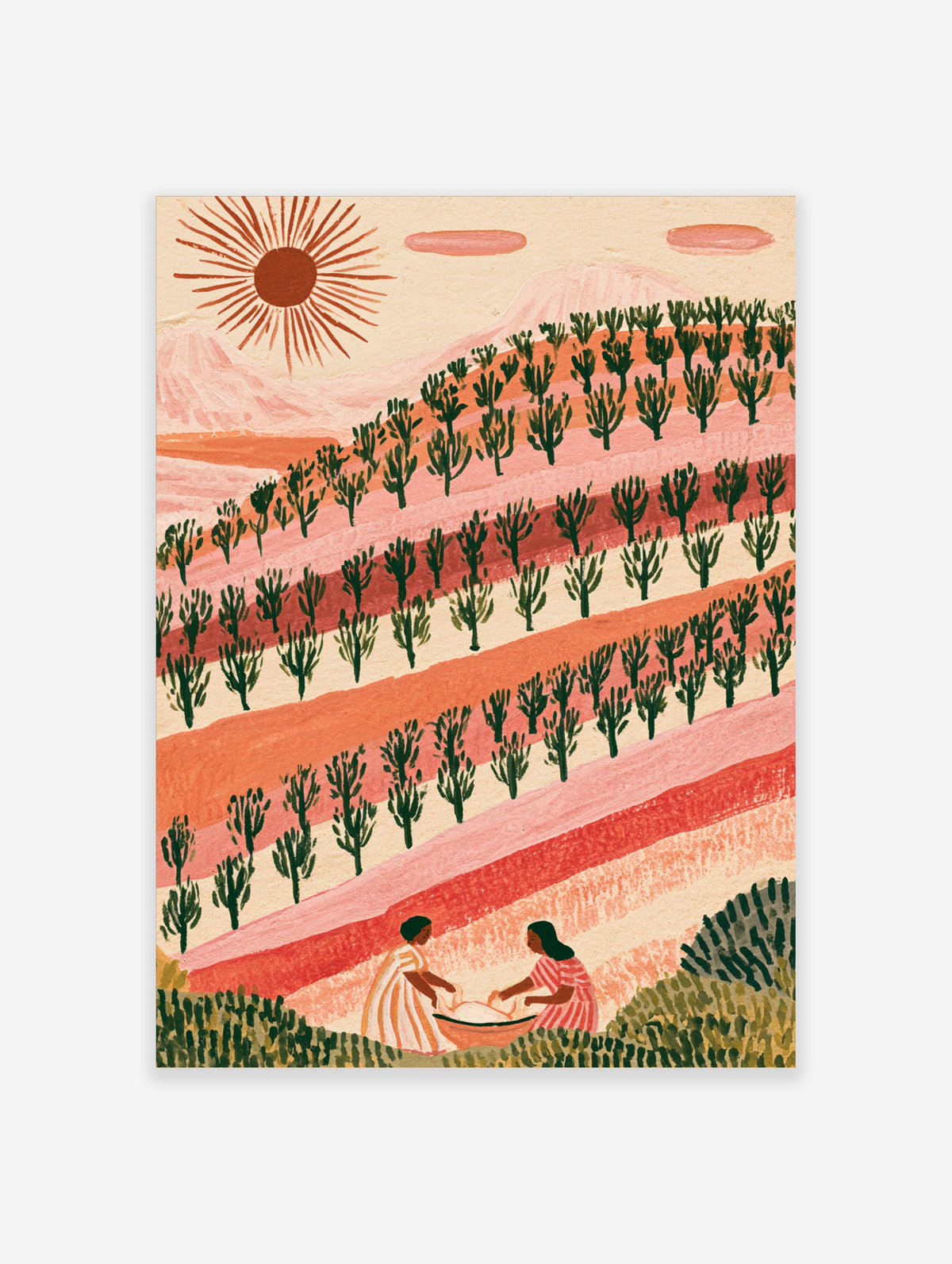 Pink cactus landscape art print with two figures harvesting in striped fields under a red sun
