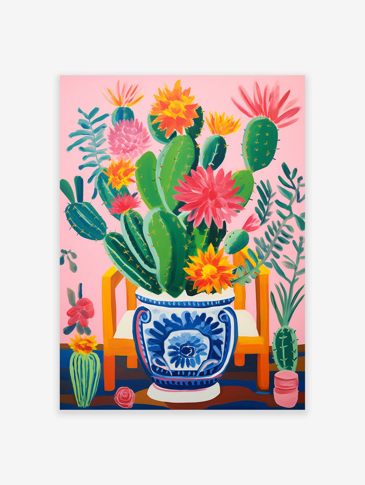 Vibrant pink cactus poster with green cacti and colorful red, orange, and yellow flowers in a blue and white decorative pot on a pink background.