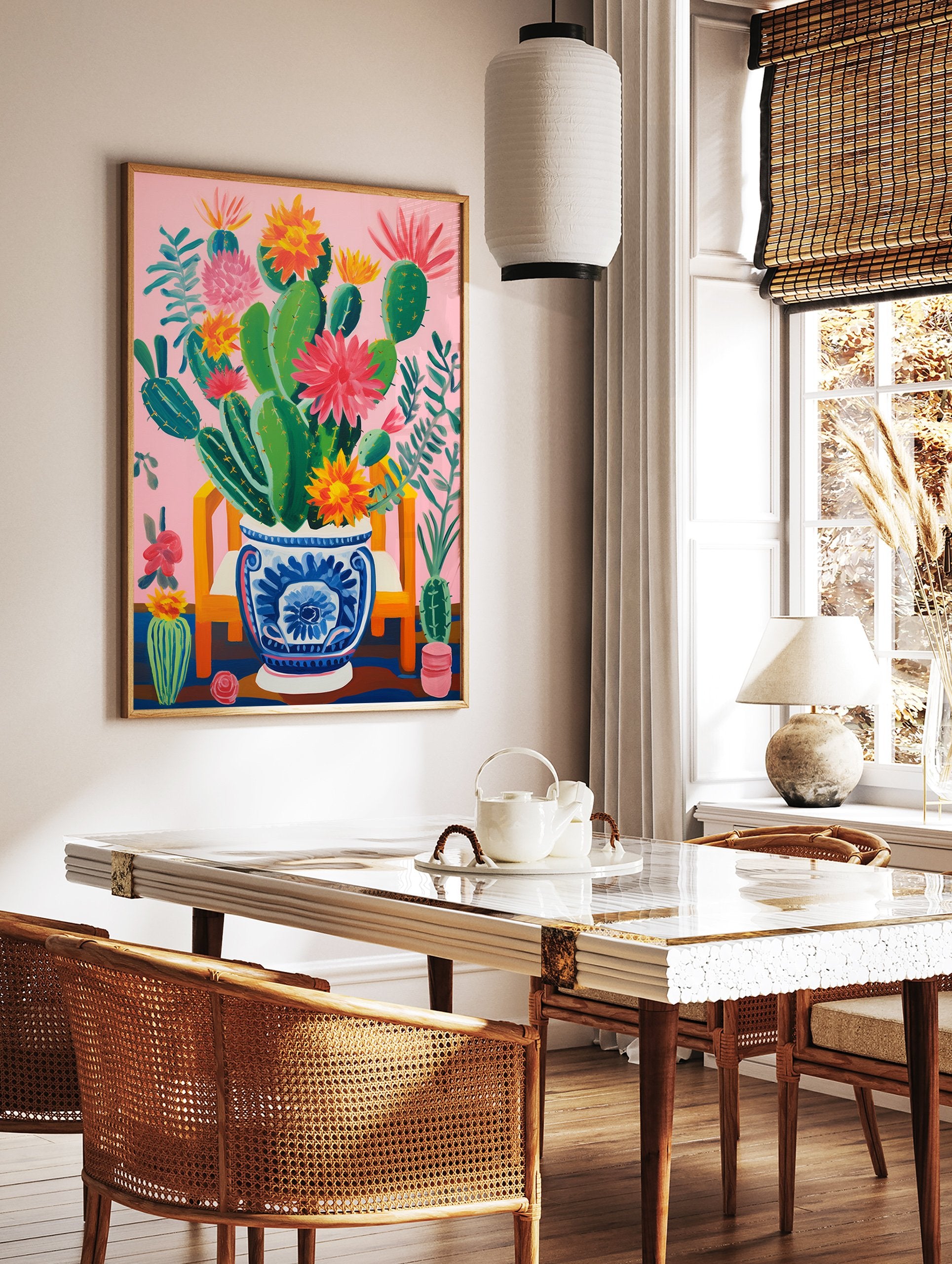 Vibrant pink cactus poster with green cacti and colorful red, orange, and yellow flowers in a blue and white decorative pot on a pink background. - Image 2