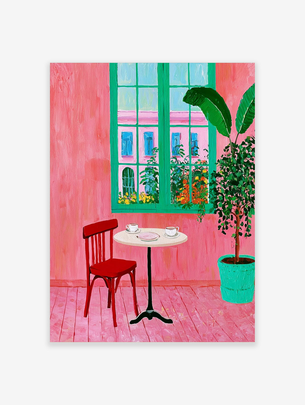 Pink café interior poster with red chair, round table, green window, and potted plant
