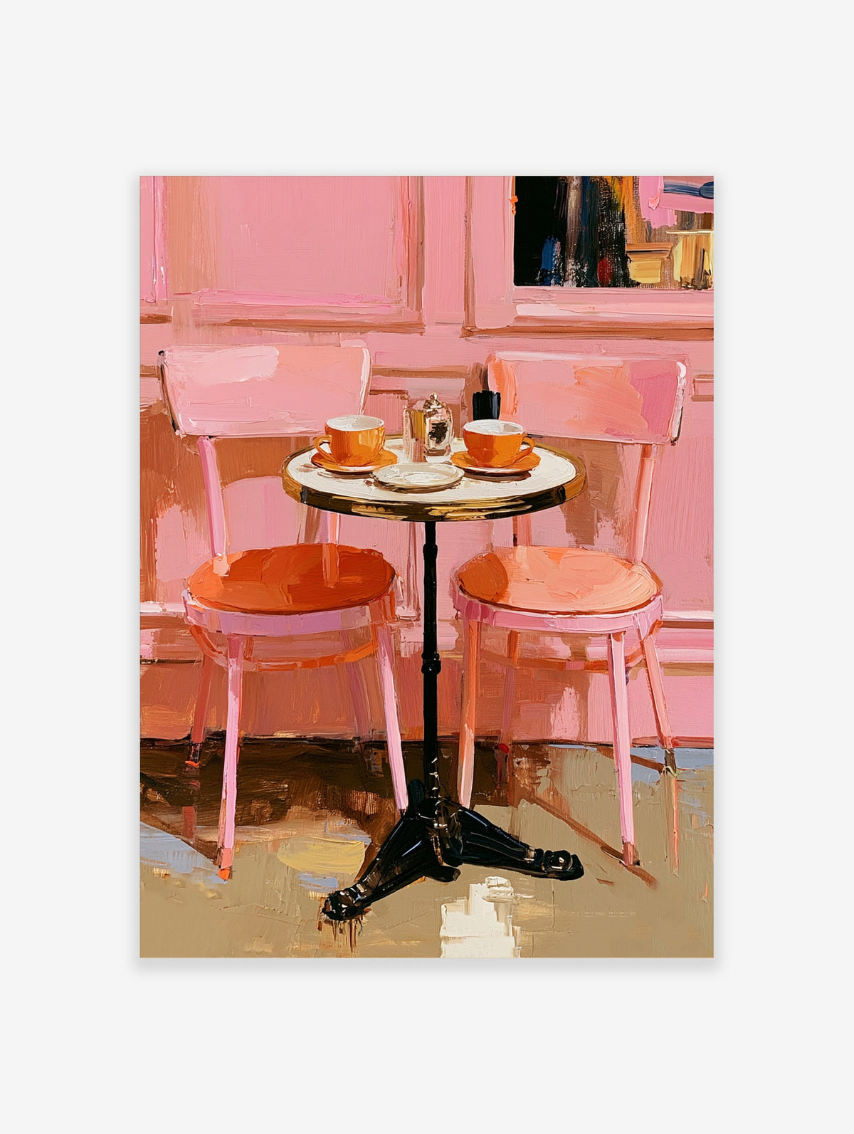 Pink cafe art print with orange chairs, round bistro table, coffee cups, and painterly brushstrokes