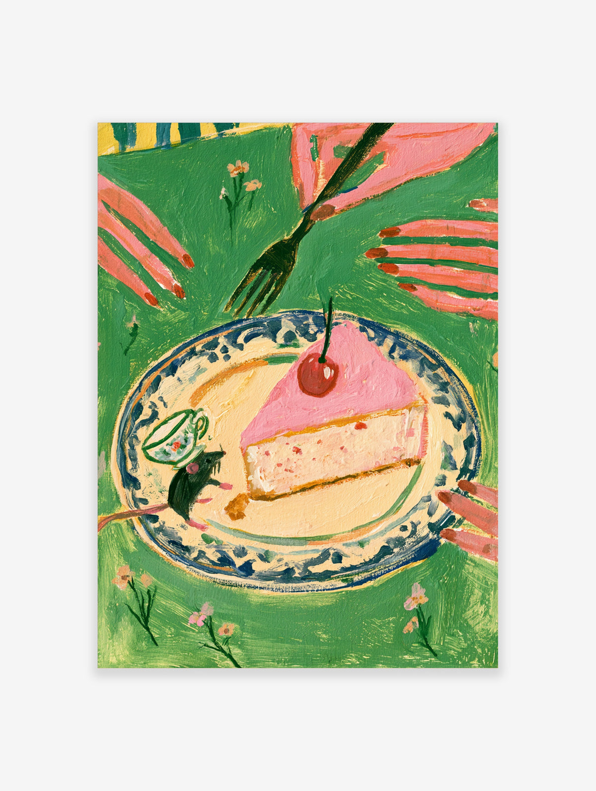 Pink cake slice with cherry on blue plate, mouse, fork and hands on green table, food art print