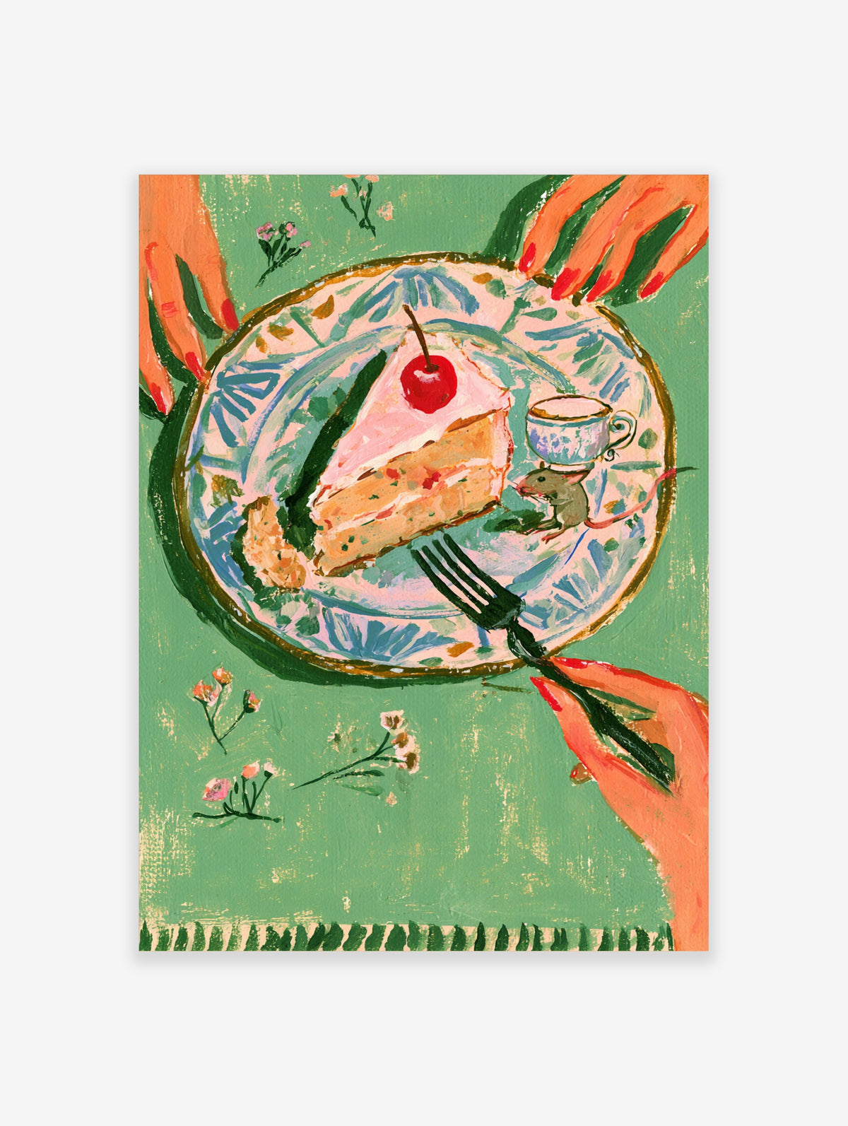 Pink cake slice with cherry and mouse on patterned plate, green background, quirky food illustration poster
