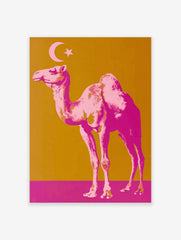 Pop art style print of a pink camel with a crescent moon and star on a golden-orange and magenta background