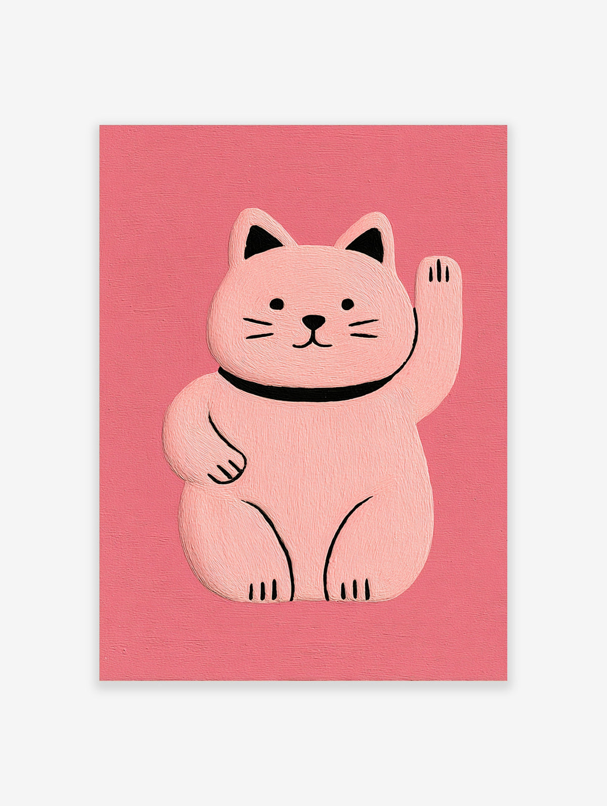 Pink cat poster with waving cat, black collar and whiskers on textured pink background