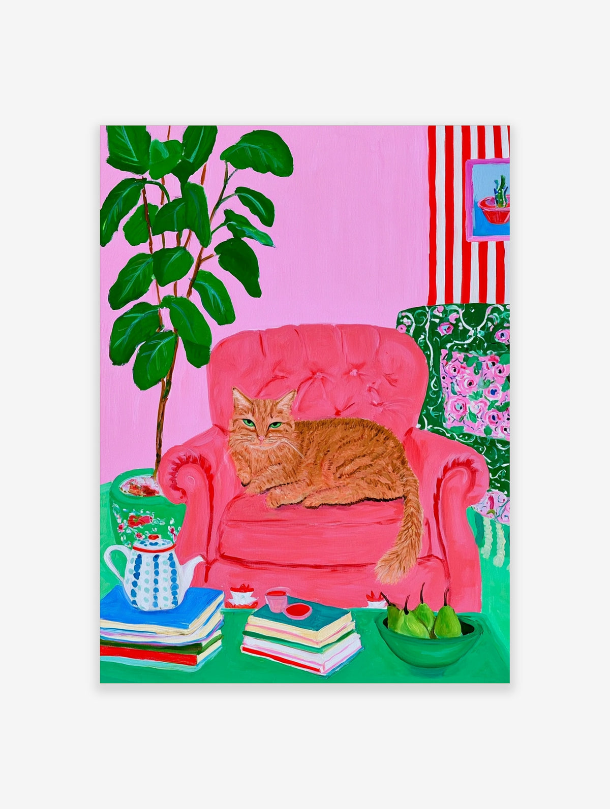 Ginger cat on pink armchair with plant, books and teapot in colourful poster art