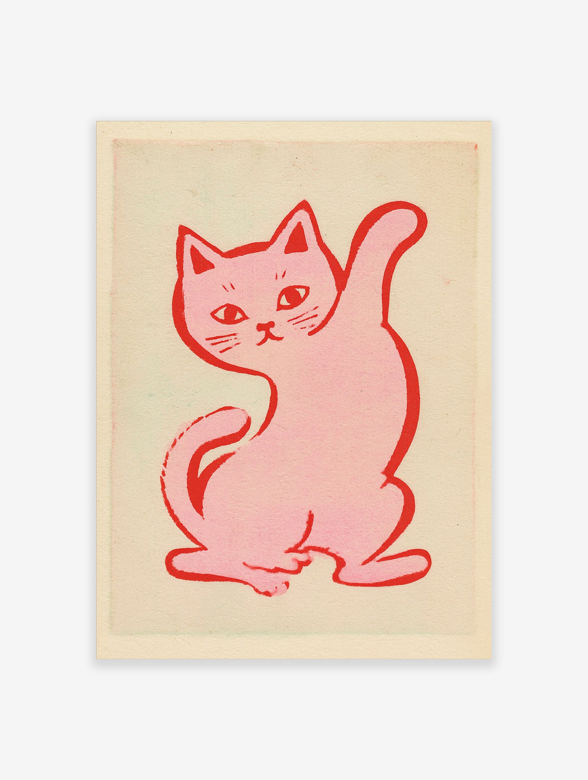 Pink cat poster with a retro sitting kitten, red outline, and whiskers on a cream background