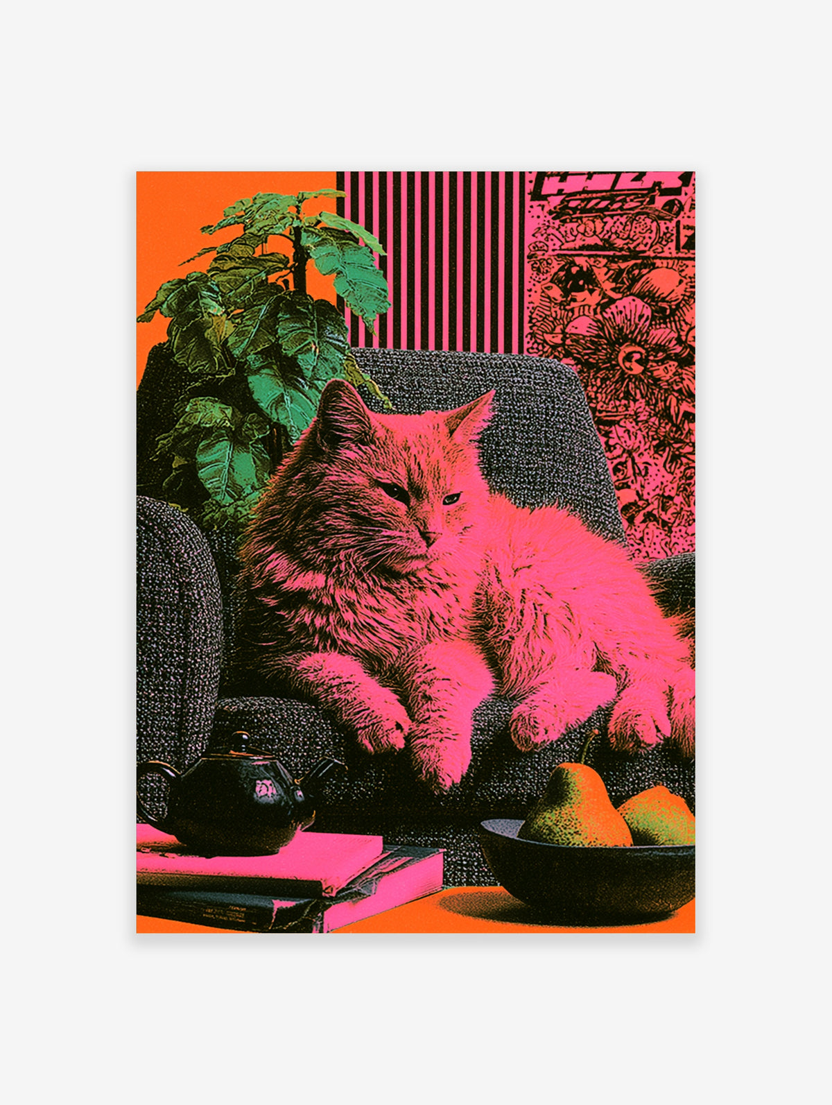 Pink cat on textured armchair with teapot, pears, striped and floral backgrounds, retro pop art print