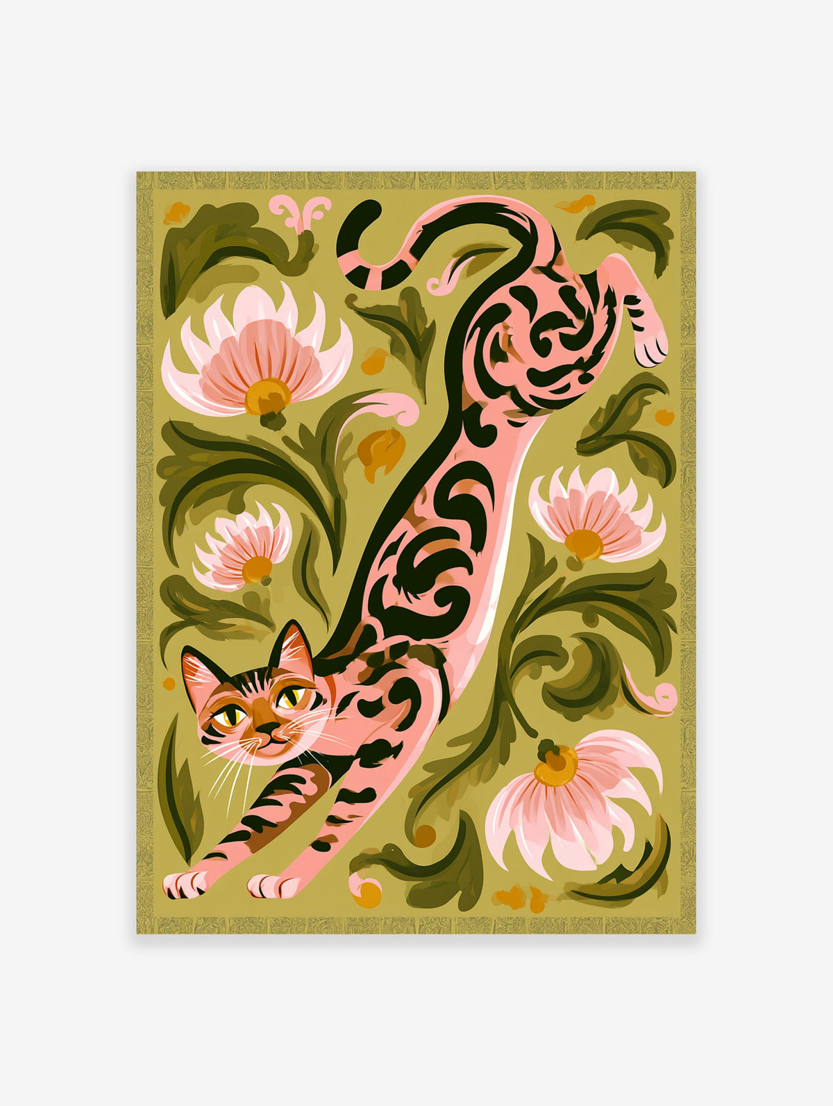 Pink cat with black stripes and yellow eyes stretching among pink flowers and green leaves