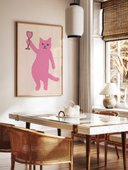 Pink cat illustration holding a wine glass on a light background. Quirky animal wall art print. - Image 2