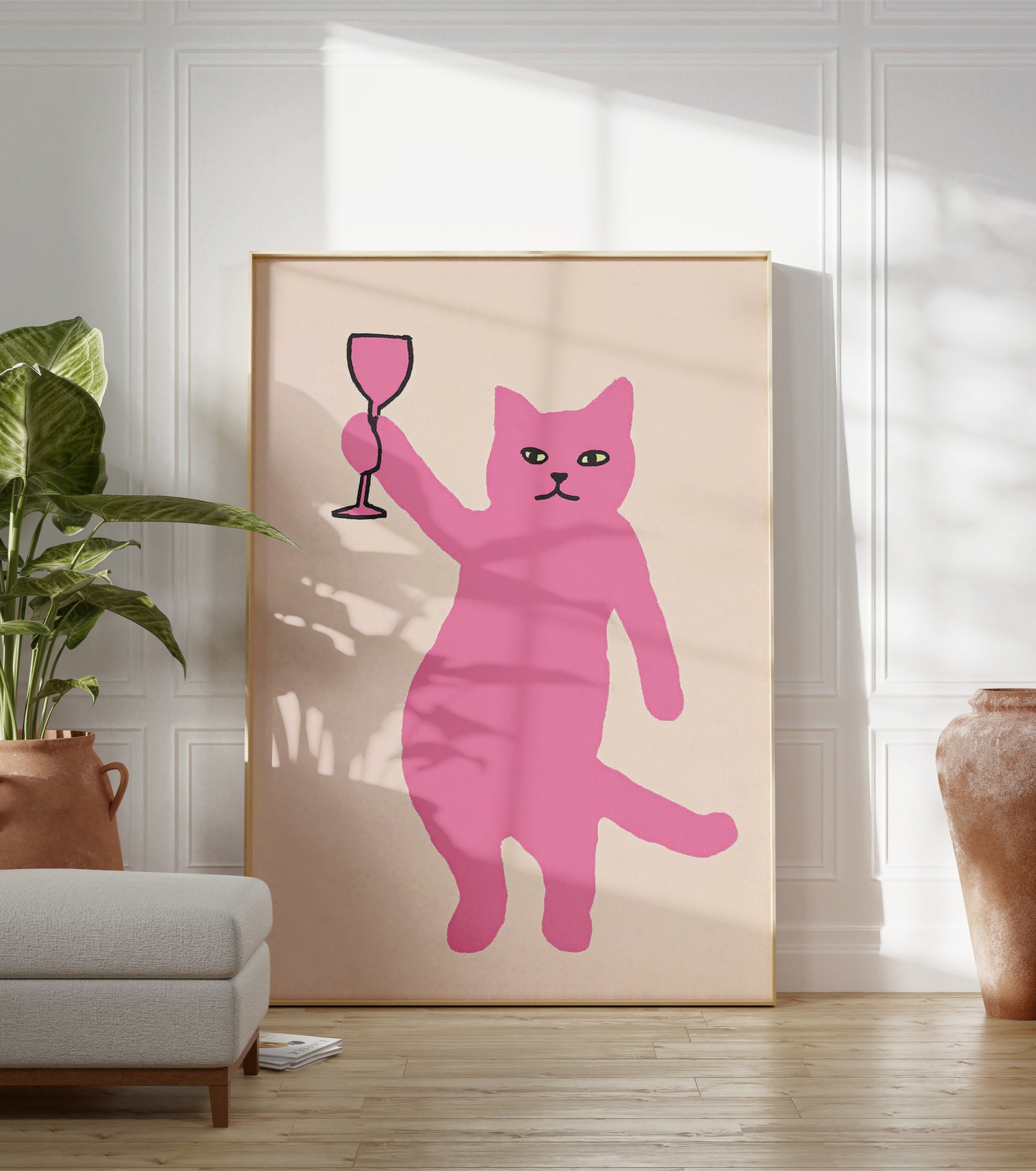 Pink cat illustration holding a wine glass on a light background. Quirky animal wall art print. - Image 3