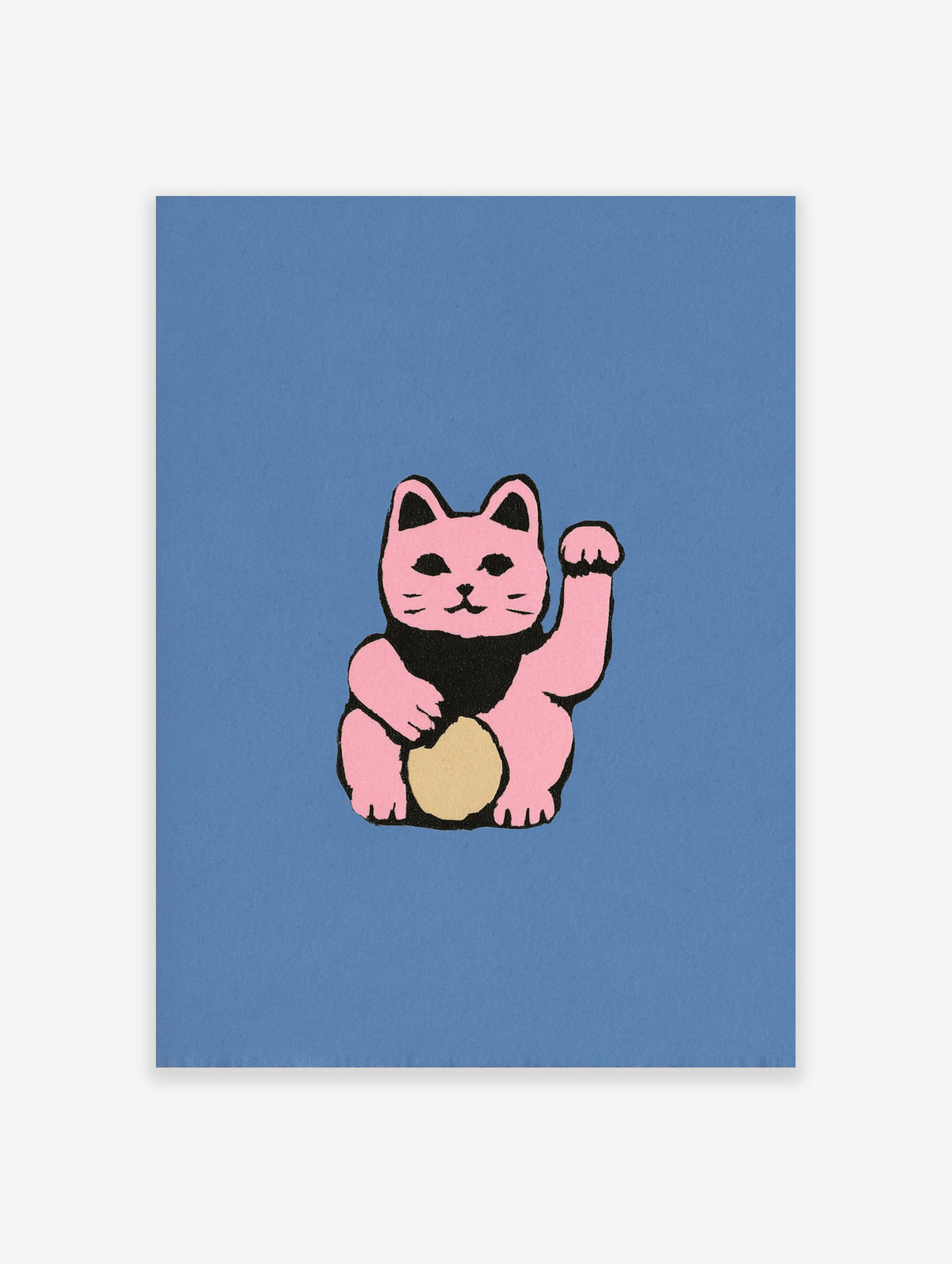 Pink maneki-neko cat illustration with raised paw, black bib, and gold oval on blue background