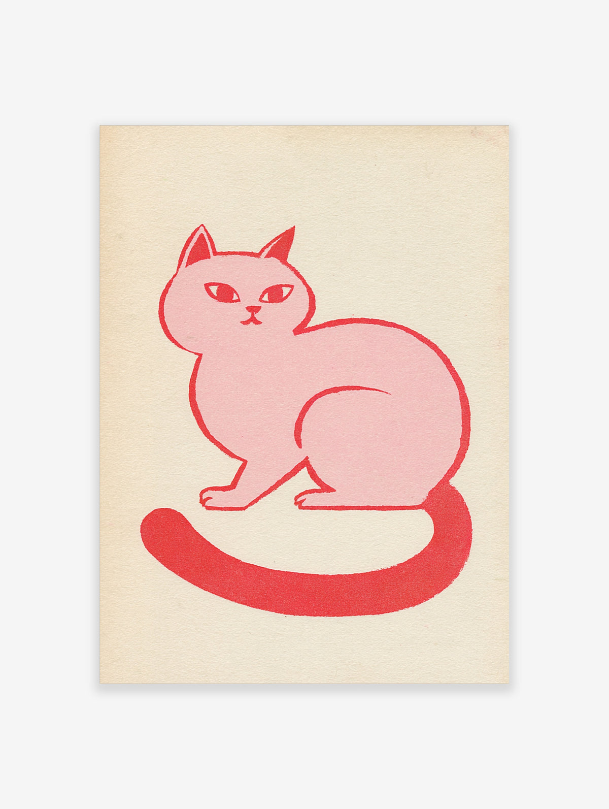Pink cat art print with red outline and long curved tail on cream background