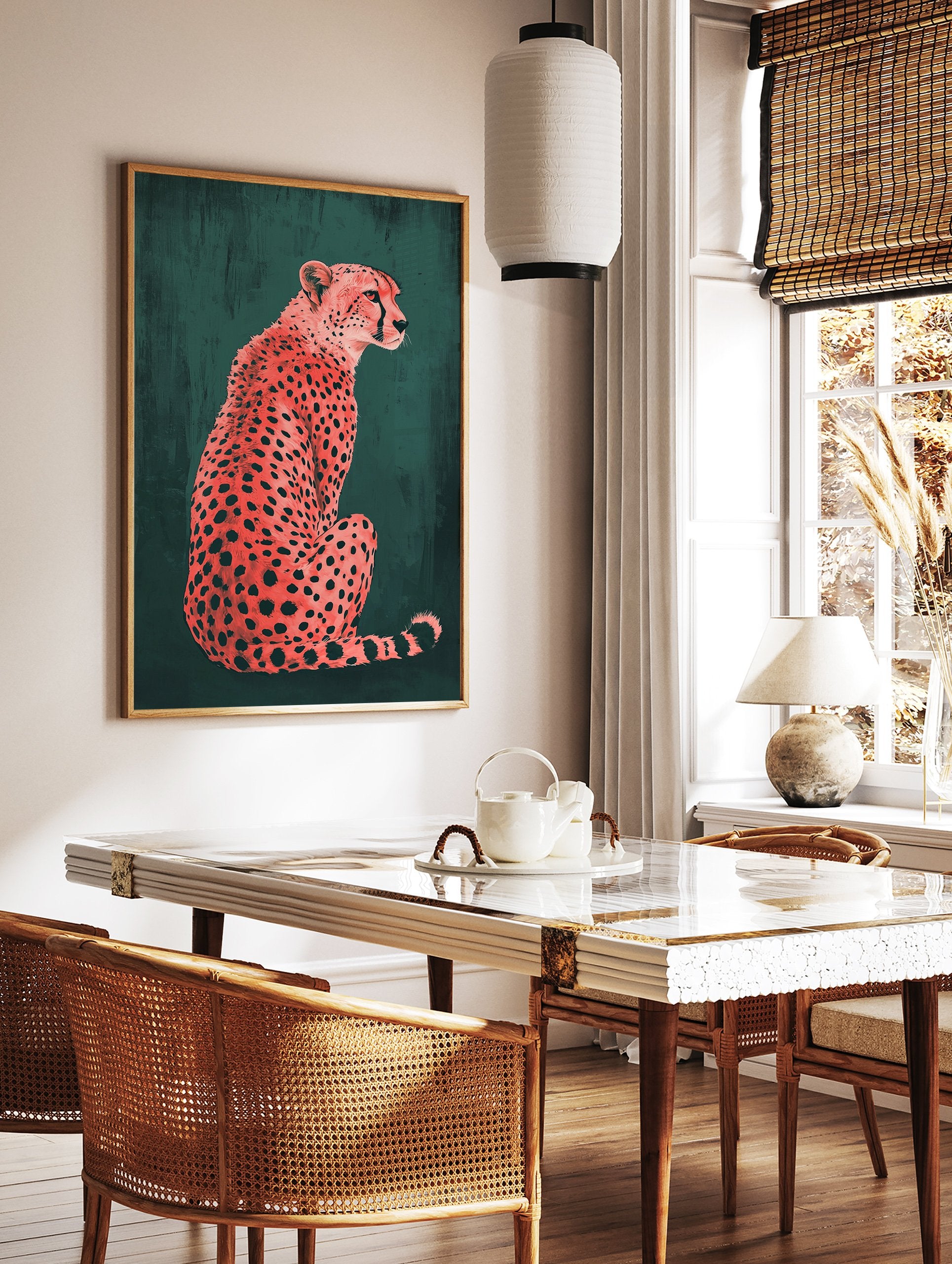 Pink cheetah poster with black spots sitting against a dark green textured background, an illustrated animal print. - Image 2